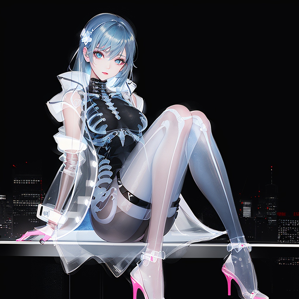 1girl, lively long blue hair,(see through fluorescent graffiti coat:1.3) , sitting on the railing, overlooking the night view of the city,<lora:xray girl_v1008:0.7>, deepth of field,see through ，xray girl,xray bones arms an leg,(lively face),, (((masterpiece,best quality))),((good structure,Good composition,good atomy)), ((clear, original,beautiful)),