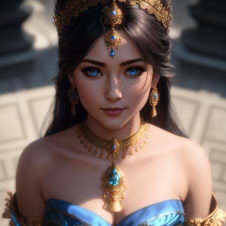 Masterpiece, high quality, 4K, beautiful design, shiny, from above, top angle, award winning photo, extremely detailed, amazing, fine detail, absurdres, highly detailed woman, extremely detailed eyes and face, by lee jeffries nikon d850 film stock photograph 4 kodak portra 400 camera f1.6 lens rich colors hyper realistic lifelike texture dramatic lighting unrealengine trending on artstation cinestill 800 tungsten, 1girl, solo, expressive look,smiling, (puffy lips:1.155) HDR, highest quality, sharp focus, looking at viewer, facing viewer, 4k, blue eyes, woman wearing DNC_Glam, oriental dancer, VIIIth century Baghdad background,  <lora:DCN_Fashion:0.65>