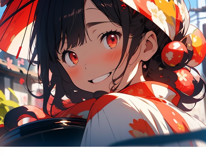 ,1girl, oil-paper umbrella, umbrella, japanese clothes, smile, solo, red eyes, kimono, looking at viewer, hair ornament, flower, holding, outdoors, hair flower, holding umbrella, blush, bangs, letterboxed, looking back, long sleeves, floral print, black hair, braid, sash, white flower, torii, red umbrella, white kimono, obi, day, wide sleeves, print kimono, grin, red flower, blurry, upper body, lantern, sidelocks, from behind, back bow, brown hair, hair bun