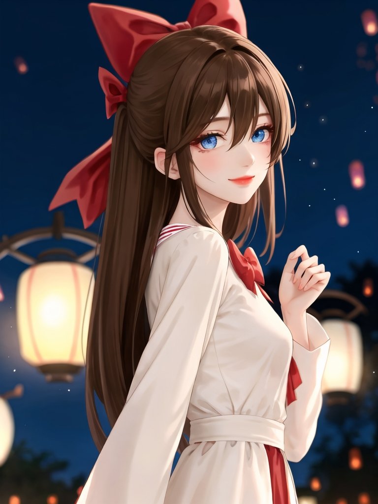 (extremely delicate and beautiful:1.2),1girl,fashi-girl, bangs, blue eyes, blurry, blurry background, bow, brown hair, closed mouth, from side, hair between eyes, hair bow, lantern, light particles, long sleeves, looking at viewer, medium hair, night, red bow, solo, star \(symbol\), upper body,smile,red lips