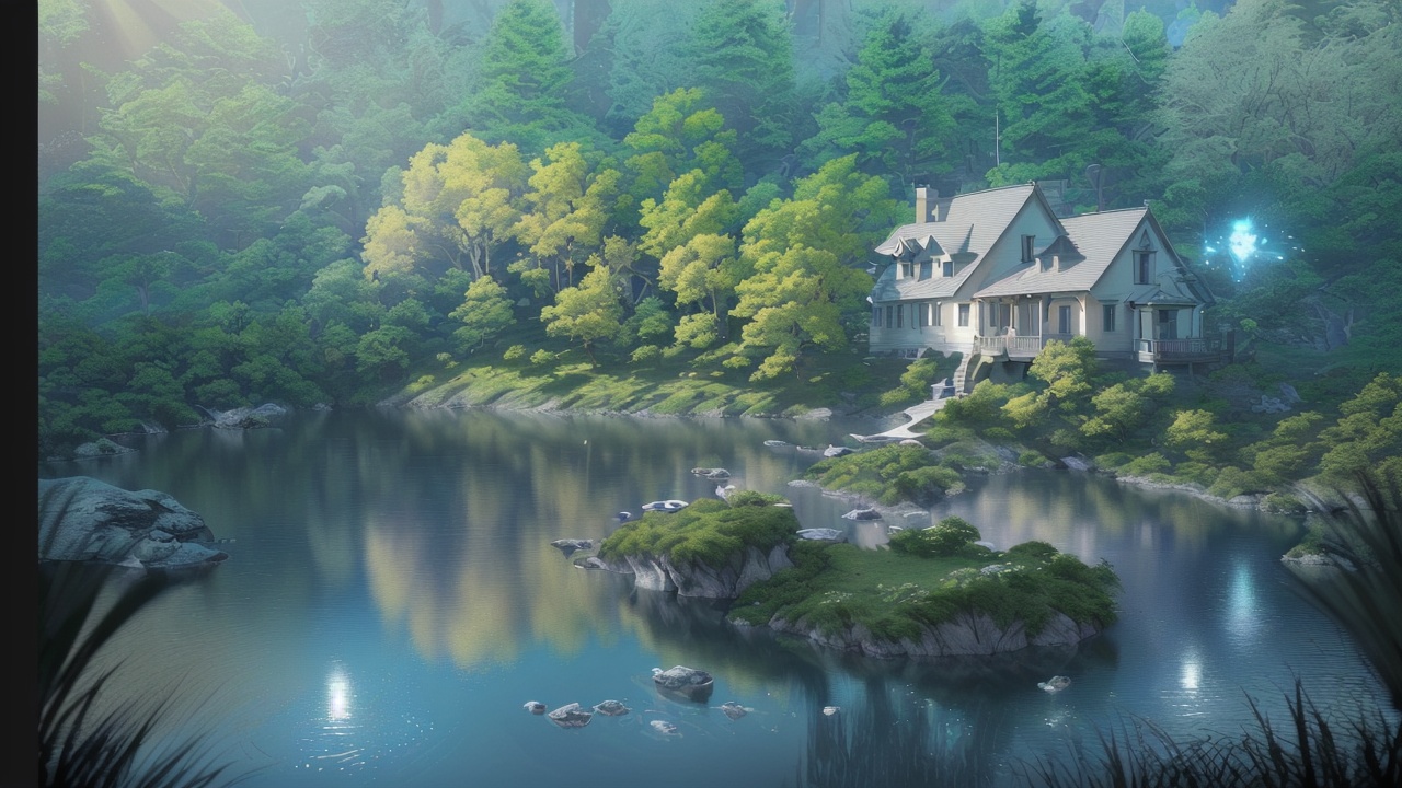 Tilt-shift photography,  An incredible house of great natural beauty,  the lake running around it on Tensor.Art