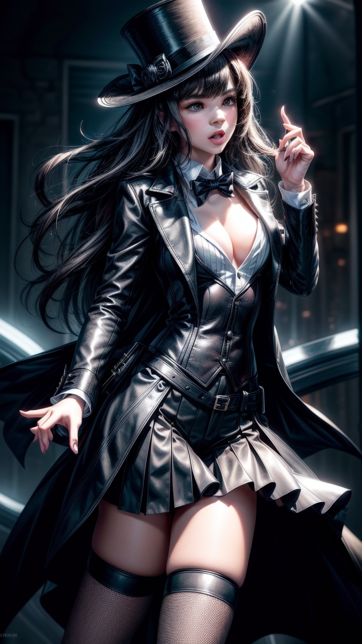 ultra detailed shot of a young woman,  (Hailee Steinfeld) dressed as zatanna zatara,  she wears a top hat fishnet stocking...