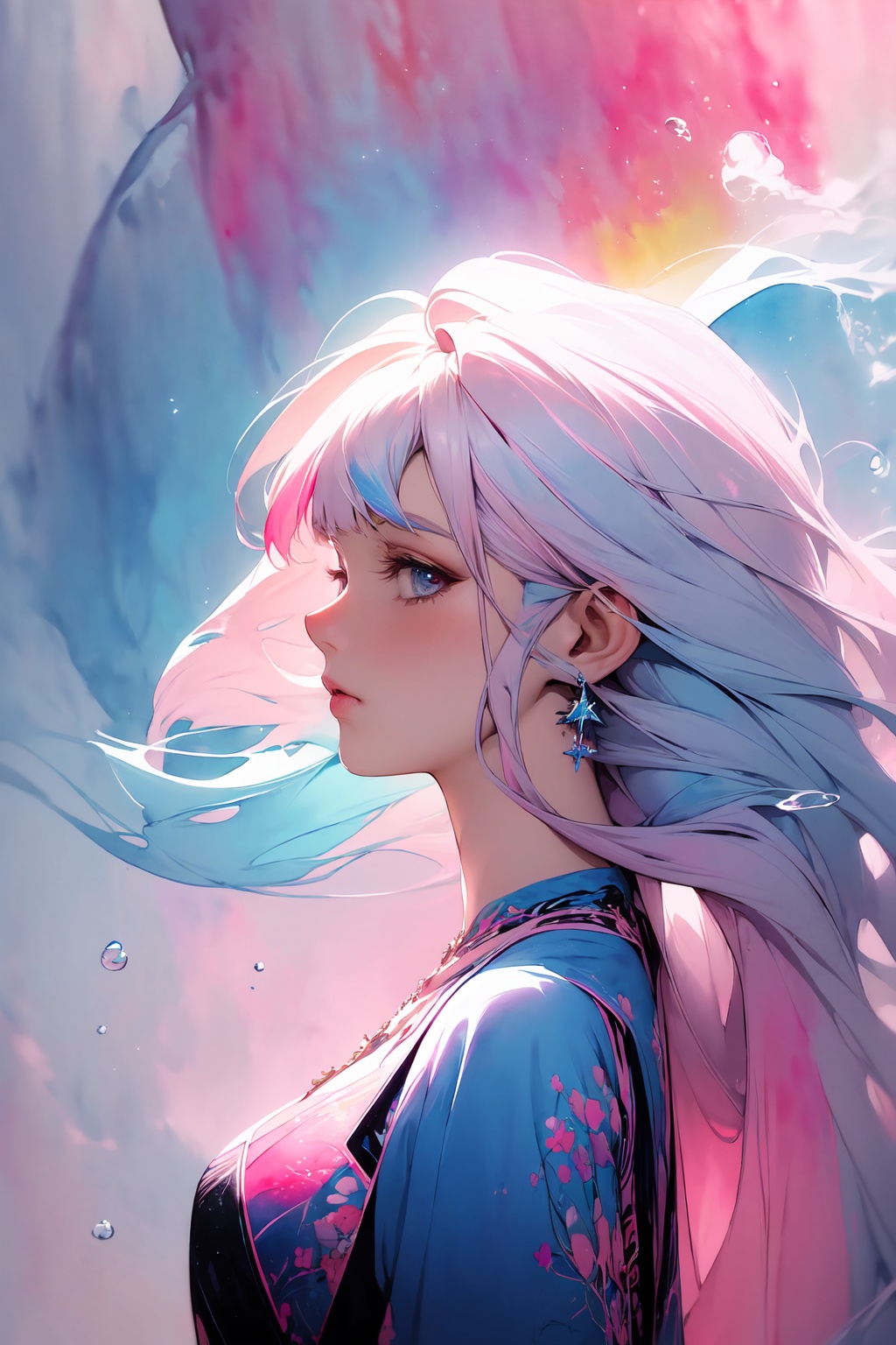 (masterpiece, top quality, best quality,watercolor (medium),official art, beautiful and aesthetic:1.2),(1girl:1.3), (fractal art:1.3),upper body, from side, looking at viewer,patterns,(rainbow color Hair,colorful hair,half blue and half pink hair:1.2),water,liquid, cloud,colorful, starry,stars,