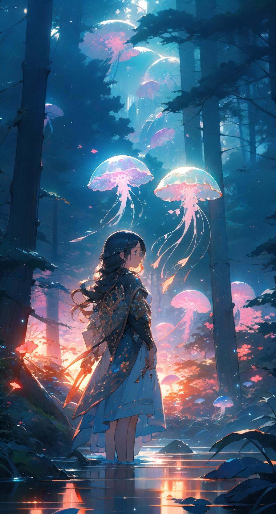 jellyfishforest, 1girl, mushroom, dress, long hair, scenery, white dress, solo, nature, water, wading, outdoors, tree, standing, black hair, fantasy, forest <lora:jellyfish-noise:1>