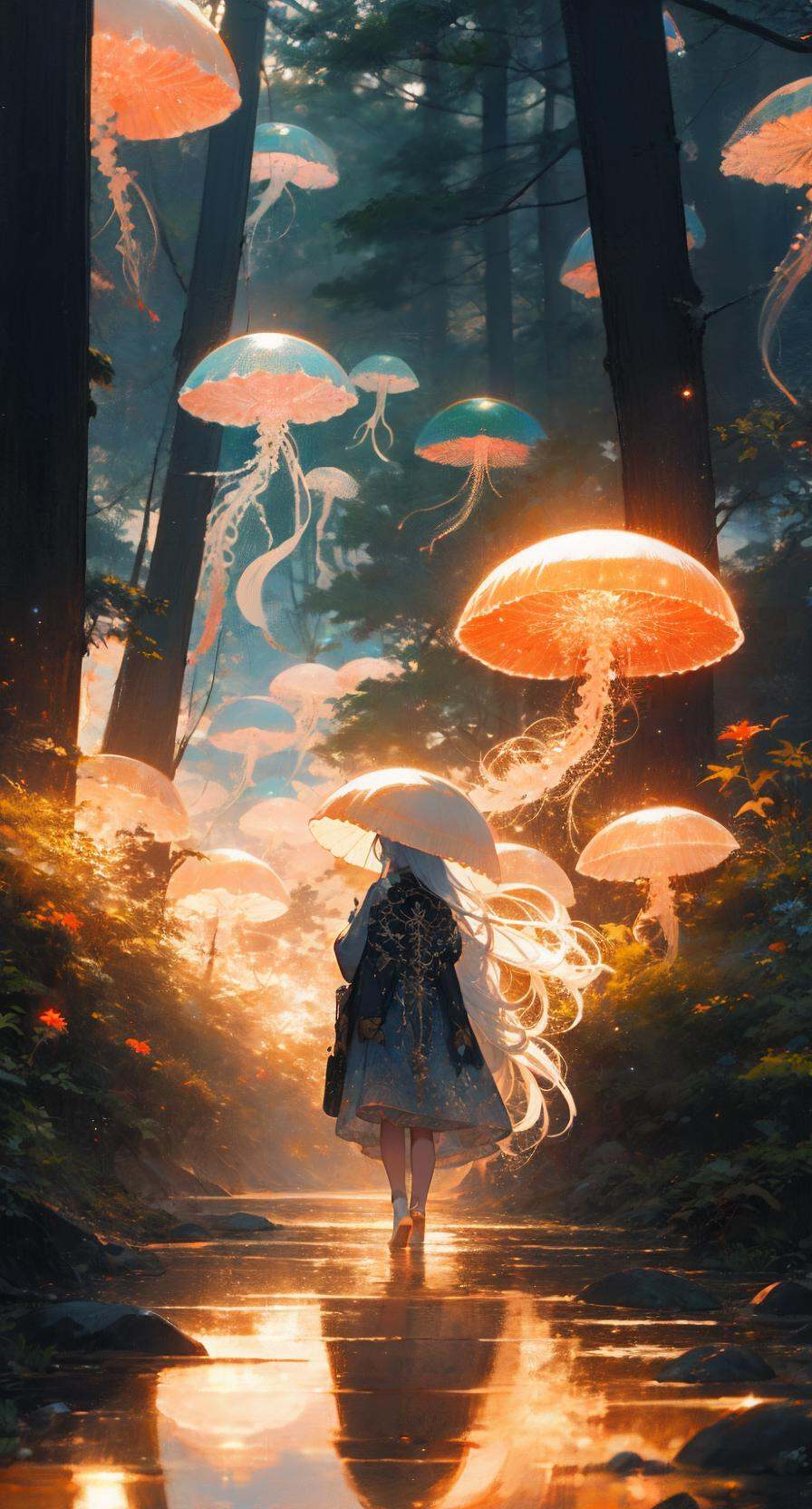 red jellyfish,jellyfishforest, 1girl, long hair, dress, solo, white hair,red hat,mushroom, nature, outdoors, tree, walking, forest, water<lora:jellyfish-noise:1> 
