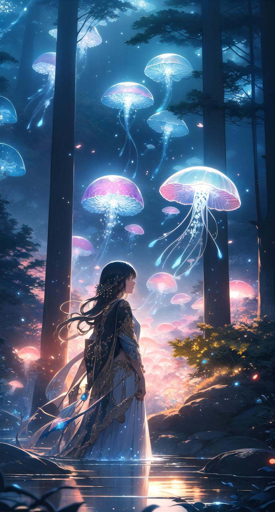 jellyfishforest, 1girl, mushroom, dress, long hair, scenery, white dress, solo, nature, water, wading, outdoors, tree, standing, black hair, fantasy, forest <lora:jellyfish-noise:1>