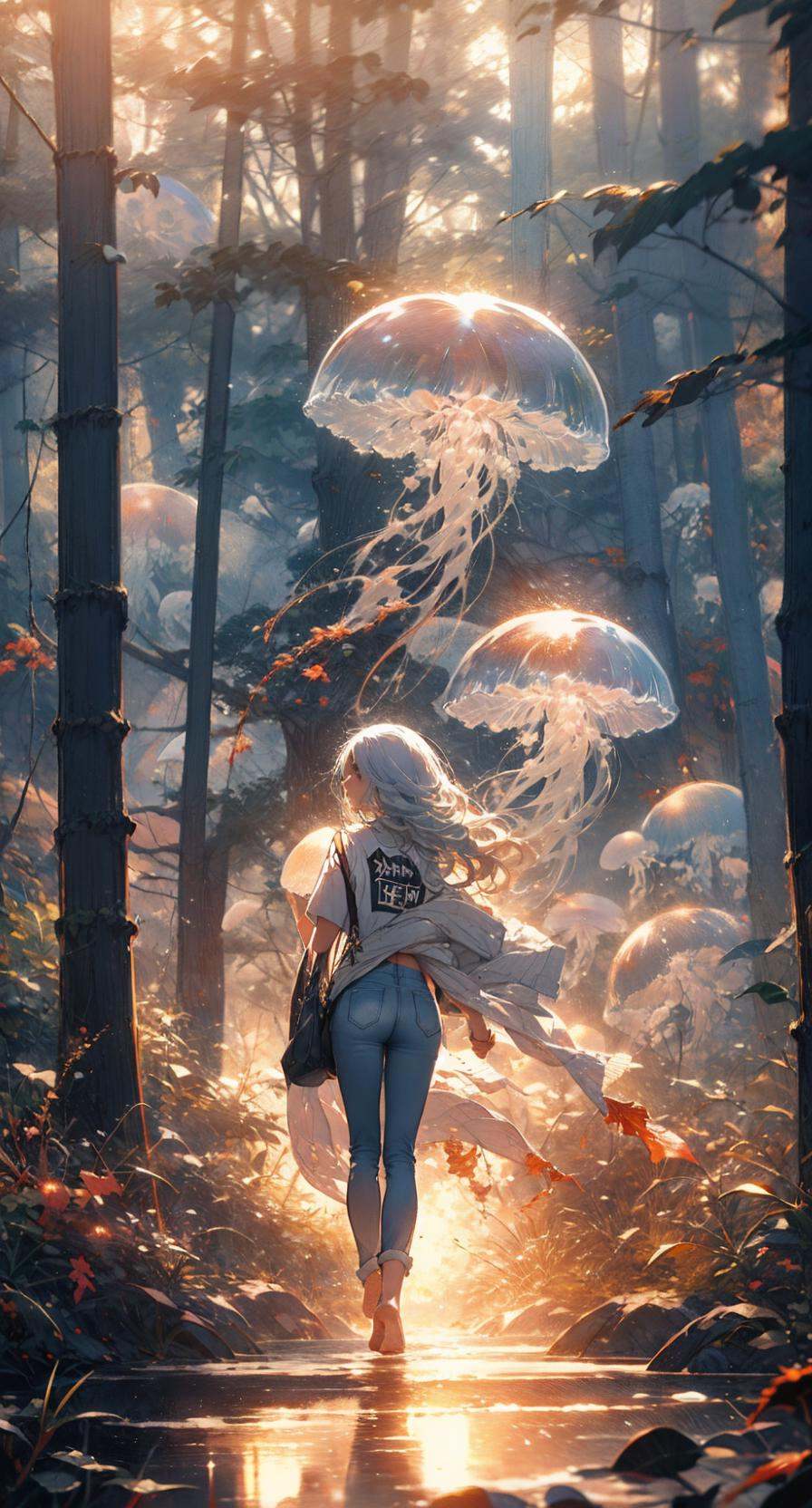 red jellyfish,jellyfishforest, 1girl, long hair, dress, solo, white hair,t-shirt, mushroom, nature, jeans, outdoors, tree, walking, forest, water<lora:jellyfish-noise:1>