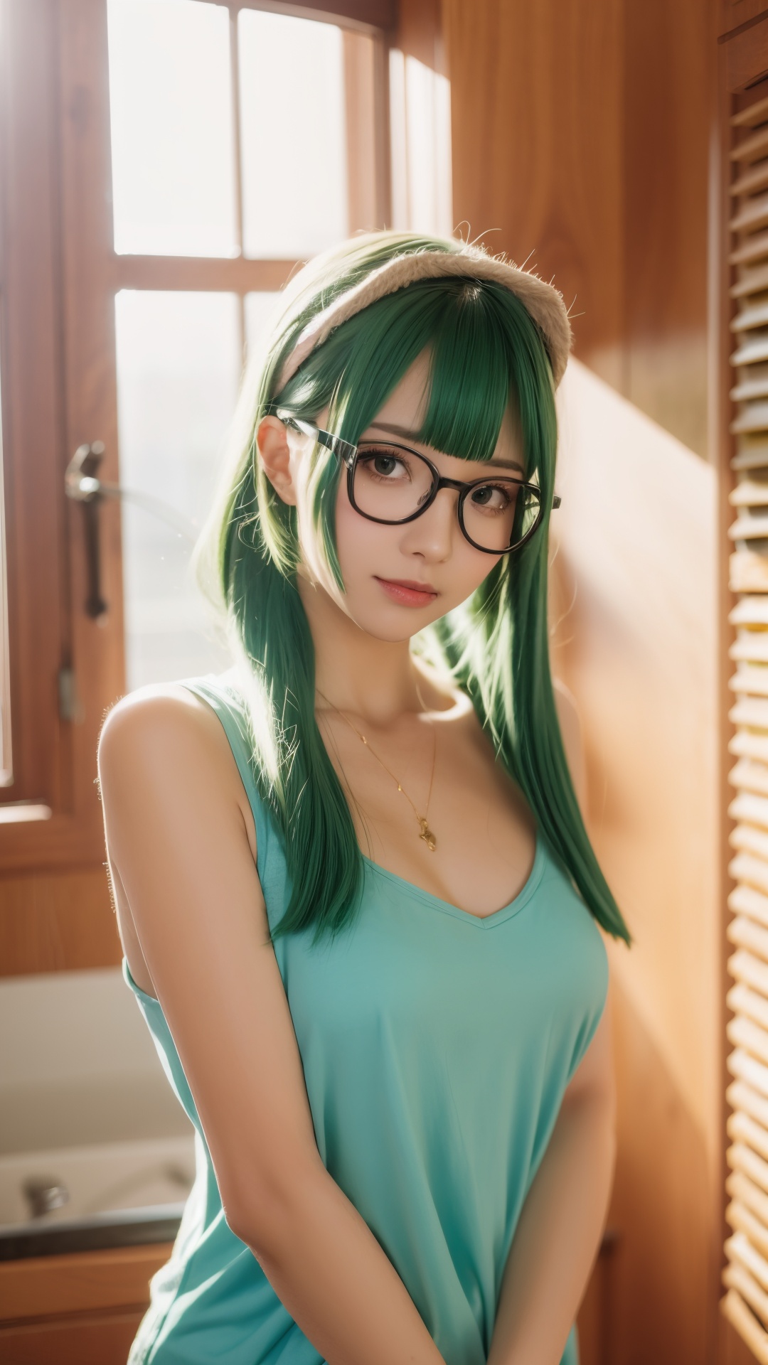 masterpiece, best quality,realistic,1girl, solo,looking at viewer, indoors, green hair, glasses, upper body,