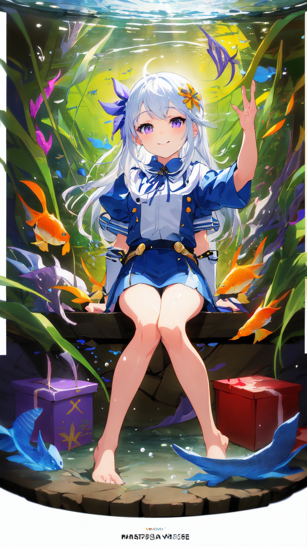 [(Transparent background:1.5)::5],(((masterpiece))),(((best quality))),(((extremely detailed))),illustration, 1girl,solo,mysterious,vivid color,shiny, underwater transparent sealed hemispherical glass dome, (white hair),(purple eyes), full body,barefoot,long hair tranquil nature, koi,Underwater, Dome,close up,Dynamic actions,Lens perspective,(((Box composition))),sit cross-legged and lean against the bookshel, volumetric lighting, multi-color eyes, detailed eyes, hyper detailed,light smile, highly detailed, beautiful, small details, ultra detailed, best quality, intricate, 4k, 8k, trending on artstation, good anatomy, beautiful lighting, award-winning, <lora:tutu's Vibrant Colors:0.7>