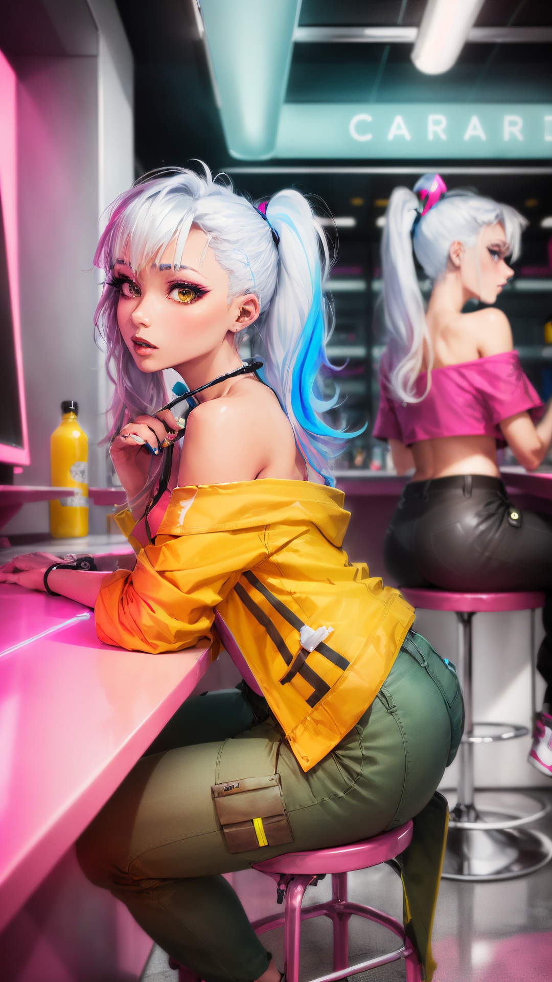 (masterpiece, 4k ,ultra detailed:1.2),(anime:1.2),illustration,(realistic:1),(photorealistic:1),(solo:1.4),(sitting on stool:1.2),(from side:1.2),(looking away,facing away:1.2),(from above:1.3),(perspective:1.2),(indoor,bar:1.4),(counter,cyberpunk,reflection:1.2),(crowd,people:1.4),(neon sign,blue neon,pink neon,yellow neon:1.4),(off-shoulder neon trench coat,t-shirt,cargo pants,sneaker:1.3),(platinum white hair,ponytail:1.2),(supermodel:1.4),(various hair color), <lora:tutu's Vibrant Colors:0.7>