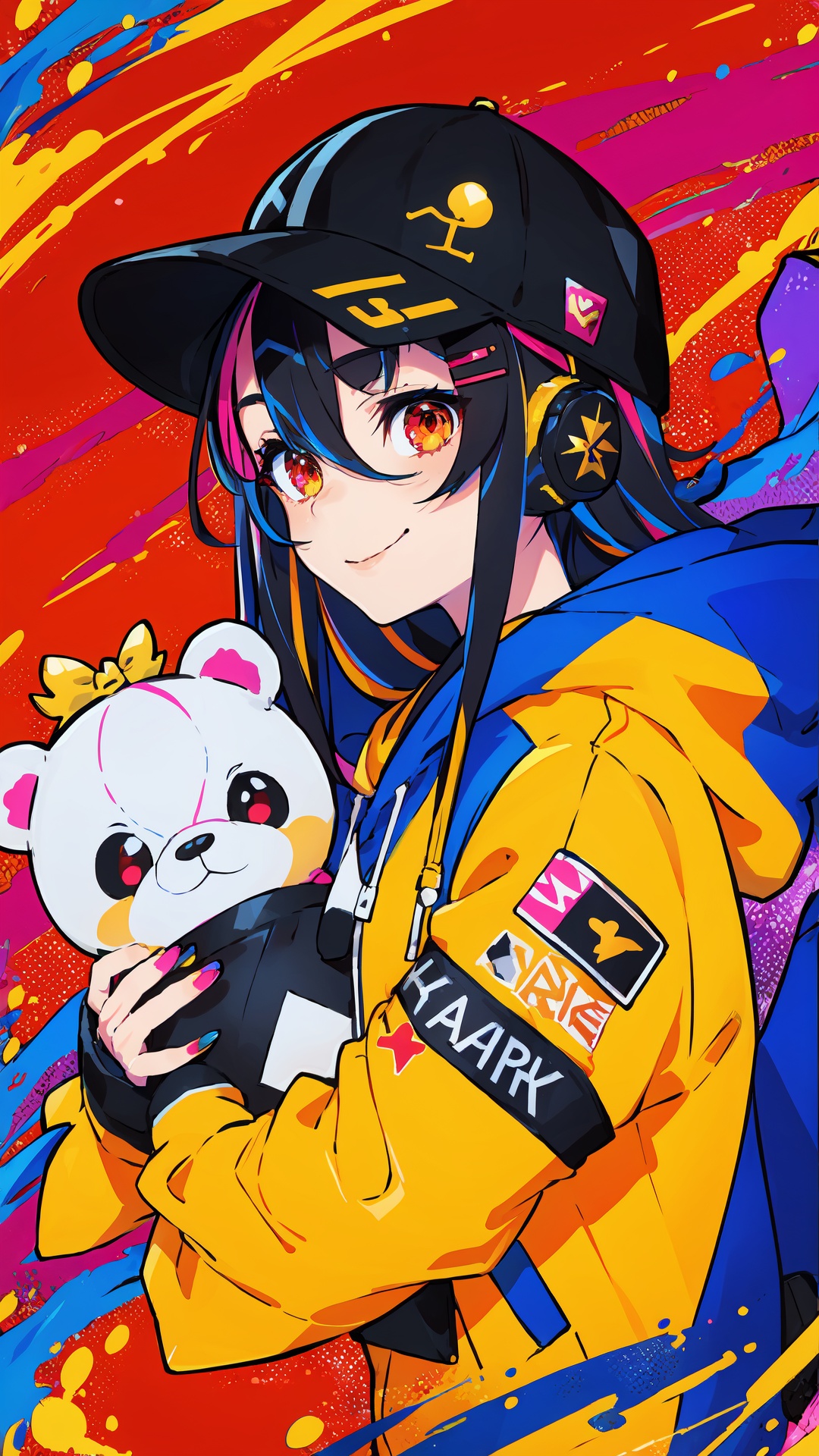 (masterpiece, high quality, highres,illustration),1girl, teddy bear, baseball cap, hat, solo, stuffed animal, stuffed toy, smile, long hair, hood down, jacket, hood, headphones, closed mouth, purple hair, long sleeves, fingernails, nail polish, sleeves past wrists, looking at viewer, multicolored eyes, bangs, hooded jacket, yellow nails, red jacket, multicolored nails, hair ornament, object hug, blush, red nails, white headwear, upper body, purple eyes, claw pose, heart, black headwear, hand up, bow, hoodie, hairclip, nail art, button badge, very long hair, hair between eyes, orange nails, puffy long sleeves, puffy sleeves, black bow, badge, holding, drawstring, red eyes, pink nails, star (symbol), multicolored hair, blue nails, holding stuffed toy, lightning bolt symbol, colorful, looking to the side <lora:tutu's Vibrant Colors:0.75>