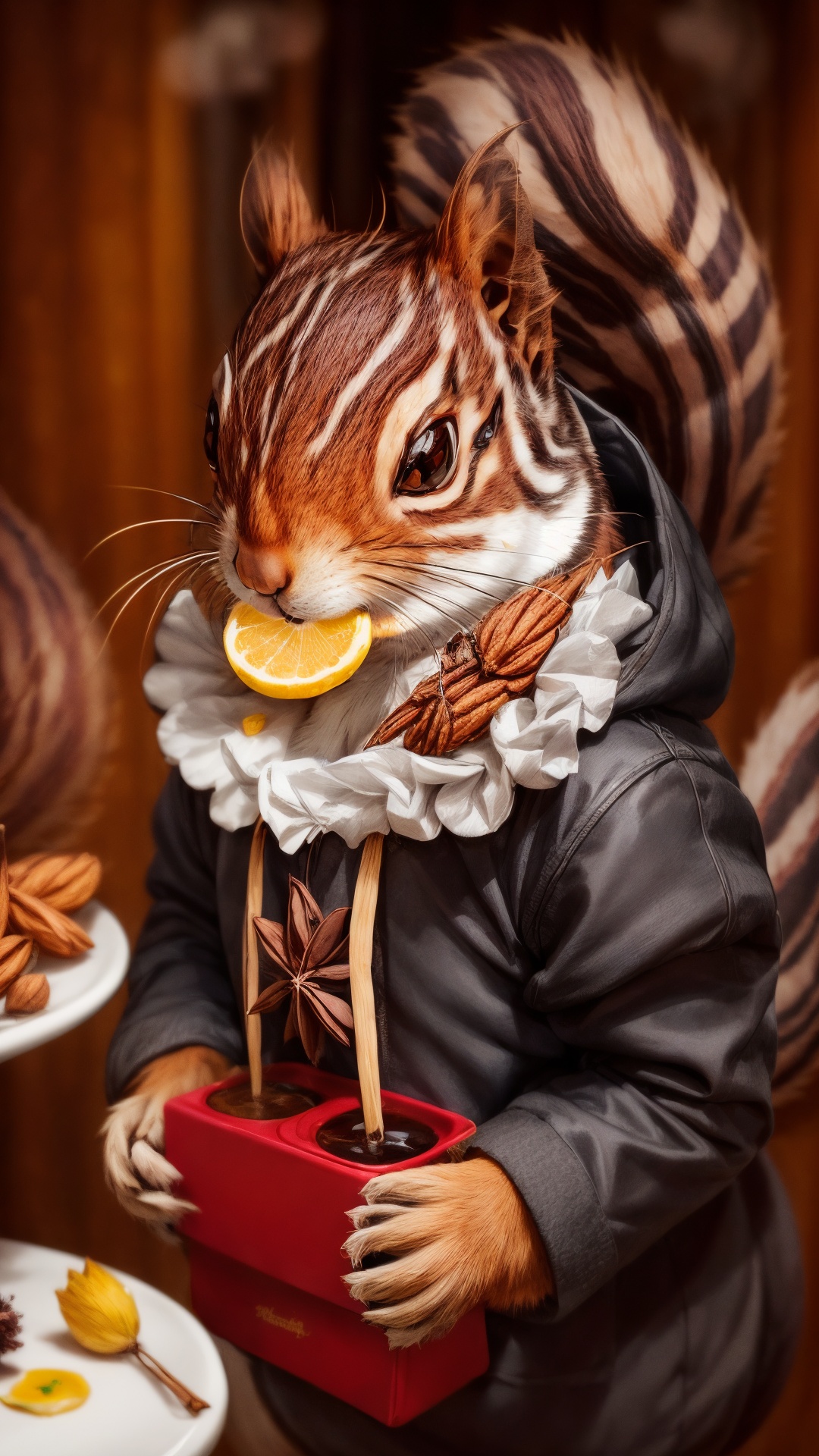 masterpiece, Inspiration: artist nick knight, (((food|a squirrel in the form of squirrel costume))), <lora:add_detail:0.9>, 8k uhd, dslr, soft lighting, high quality, film grain, Fujifilm XT3, sfw, ((flowers,nuts, mulled wine)), (style of Giuseppe Arcimboldo),<lora:add_detail:0.4> <lora:tutu's Vibrant Colors:0.7>