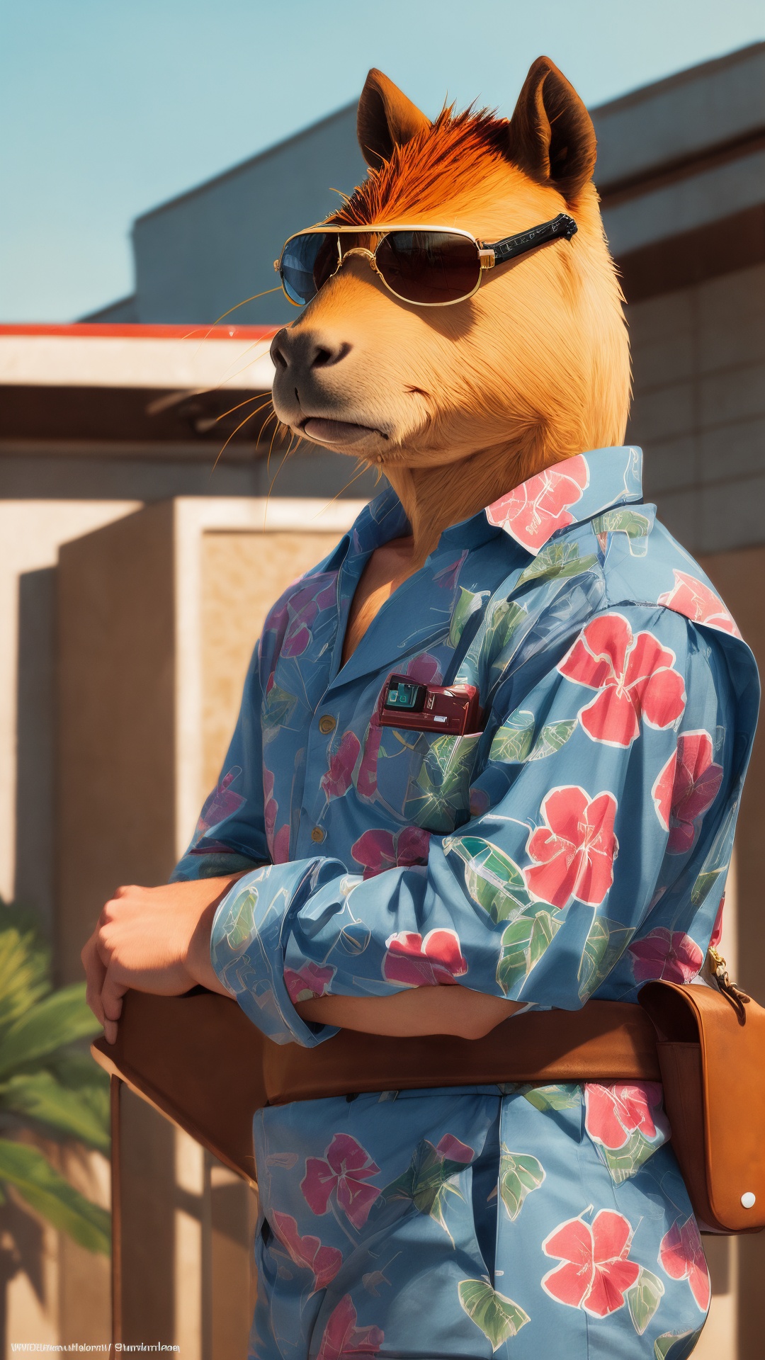 gangster capybara, boss, wearing hawaiian shirt, elegant and flamboyant, sharp focus, aviator eyewear, elegant proportions, muted colors, kodak colors, nikon photography, by Wes Anderson, color balance, uhd, 200mm<lora:add_detail:0.4> <lora:tutu's Vibrant Colors:0.7>