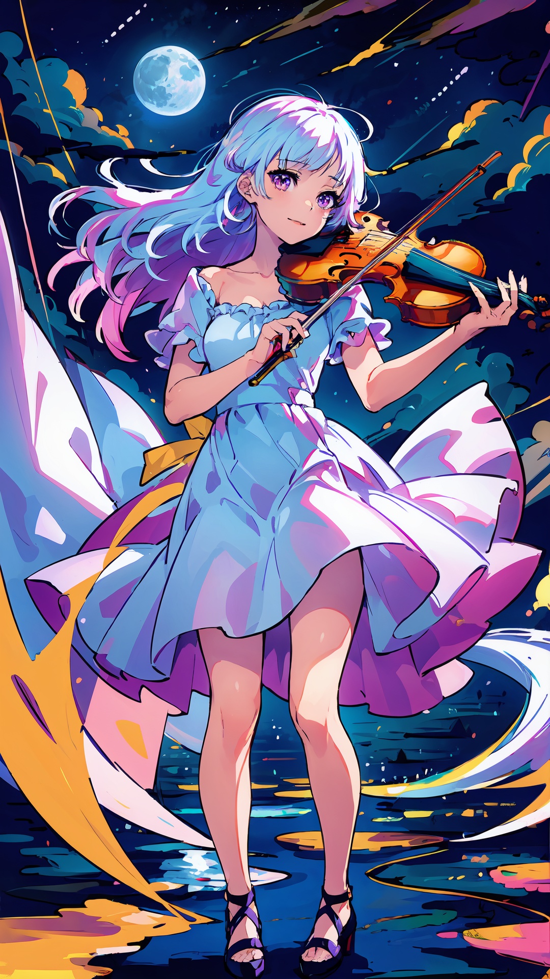 masterpiece, high quality,1girl, full body,white hair,long hair,purple eyes, slim body,slim legs,playing violin,white dress,night,moon,shootig star,cloud,lakeshore, <lora:tutu's Vibrant Colors:0.75>