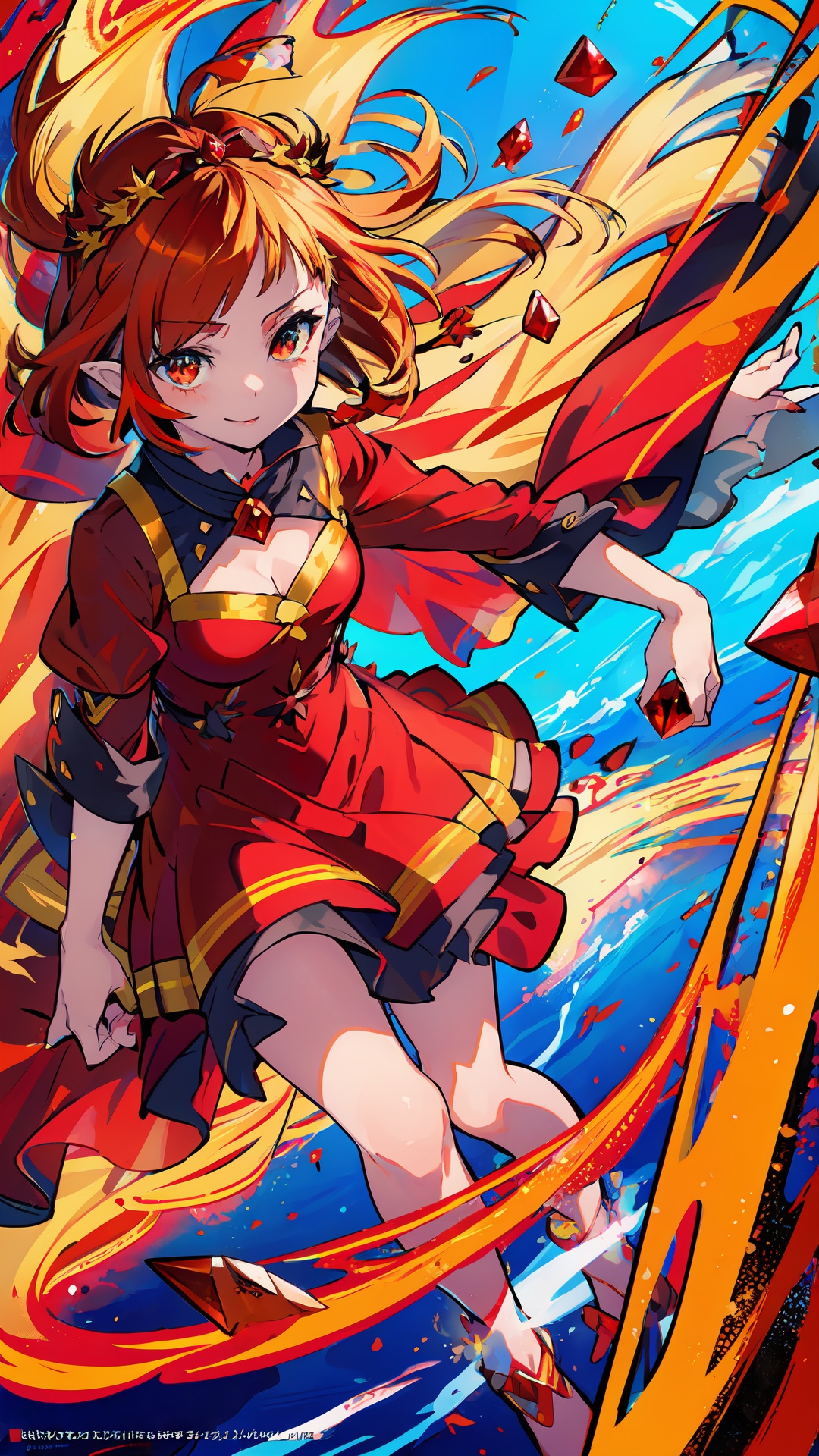 masterpiece, high quality,extremely detailed CG unity 8k wallpaper, best quality, extremely detailed, detailed, art of light novel cover,highres,anime screencap, light novel illustration,cel shading, (outdoors, nature,sea,blue water,blue sky with red_clouds:1.25),stars,blood moon,(fire world),(burning world),(red sea:1.5),flame flowers, grass,(detailed transparent ruby:1.4),(colorful refraction),(floating flames:1.4),(Floating fire:1.5) on the water,(Flowing magma:1.4),A lot of flames, transparent and neon highlights,(legendary red crystal elf), anthropomorphic, (red crystal elements:1.8), (complex details) ,(1girl:1.3),(solo),(full body),(Standing on the Crystal Fire_lotus), (body surrounded by fire),(flames attached to feet),(beautiful and delicate eyes), glowing red eyes,exquisite face, cowboy shot, (messy floating long blonde hair), messy hair, head decoration, small breasts,(lovely), focus, (fantasy wind), (Colorful and see-through red chiffon dress:1.3), (complex details),Flame attached to clothes, 14 years old, clamp-style, clear lines, magic effects, high resolution ,85mm, f1.8, photo realistic, <lora:tutu's Vibrant Colors:0.75>