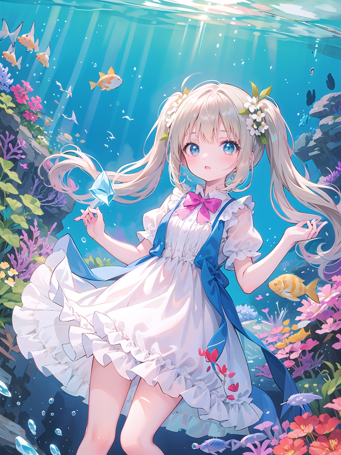 masterpiece, best quality, (loli) standing,  frilled dress,golden long hair, twintails, bowtie, beautiful eyes, shamed, dynamic angle, aquarium, fishes, flower patterned dress,crystal