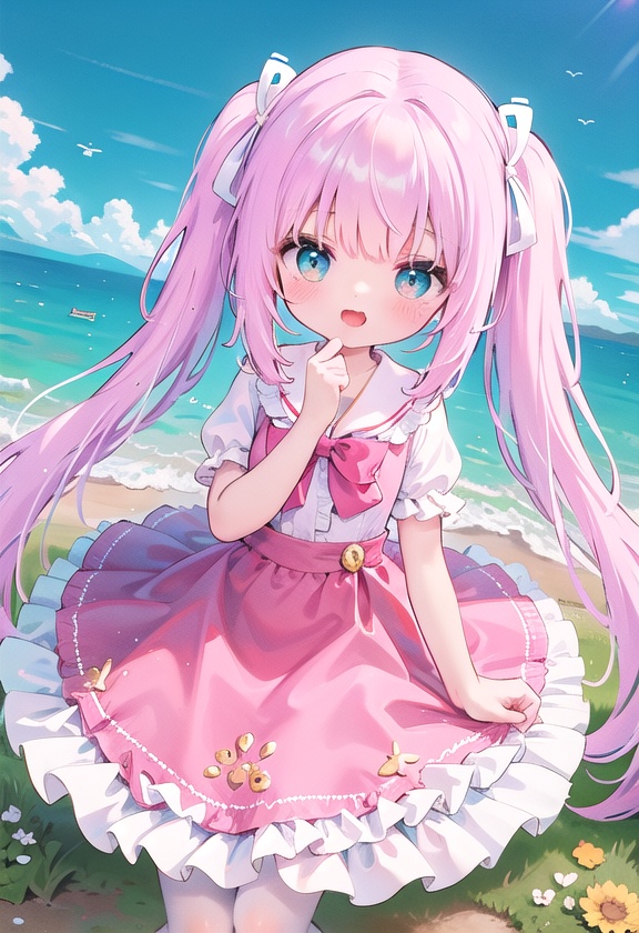 masterpiece, best quality, dynamic_angle, cute, pink frilled dress,gold long hair, twintails, bowtie, beautiful eyes,  fang,shamed,  blue sky,seaside, hidden hands,cuteloli, flower