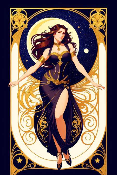 Elaborate border,  Beautiful woman in flowing dress laying reclined sensually on a large crescent moon with a background o...