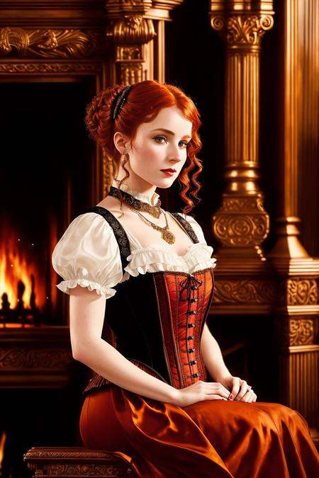 (medium portrait) (oil painting) of a Beautiful scottish ginger haired woman,  (upsweep updo),  sitting on a ornately carv...