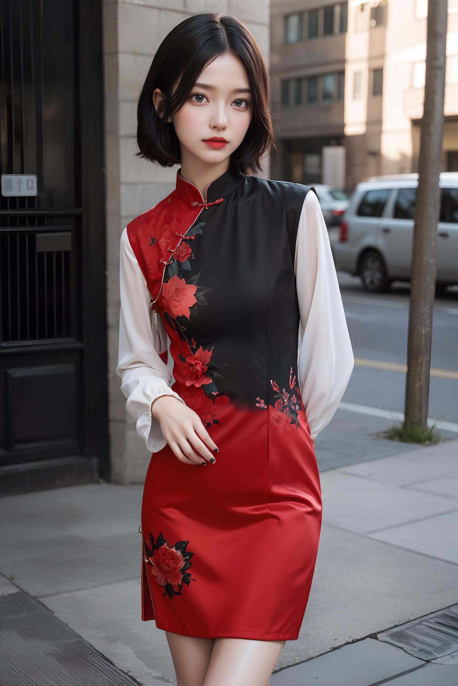 (akusema long sleeves printed china dress),  1 girl,  upper body on Tensor.Art
