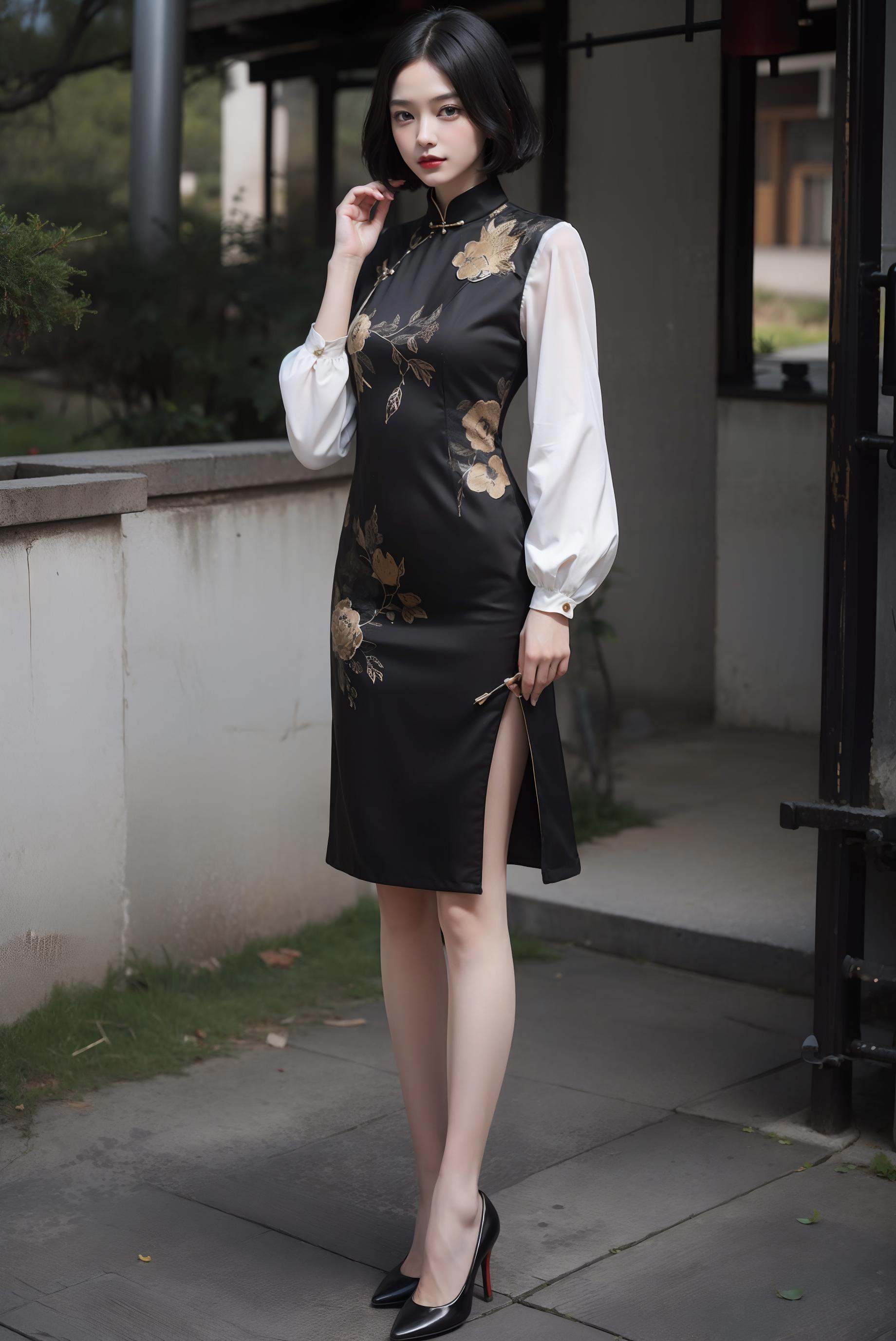 (strong yellow birds printed china dress),  (white long sleeves),  1 girl on Tensor.Art