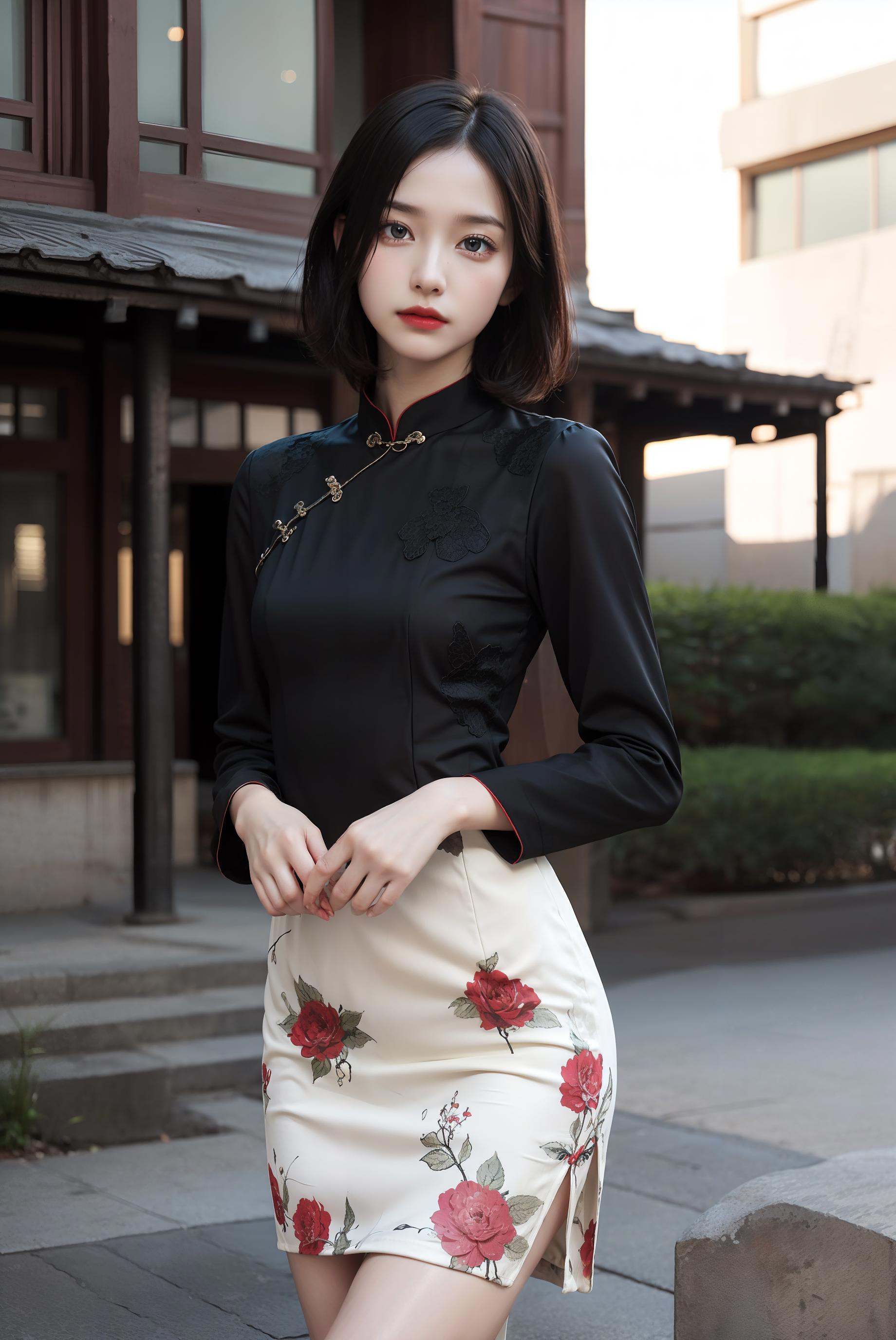 (akusema long sleeves printed china dress),  1 girl,  upper body on Tensor.Art