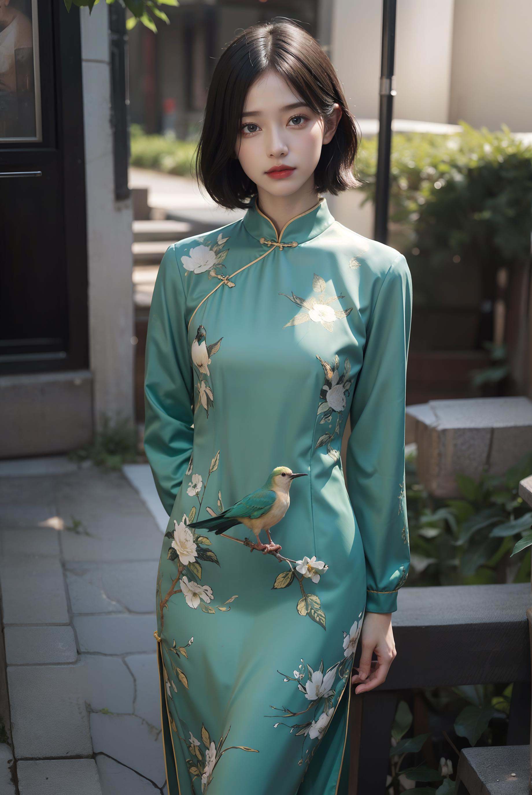 (akusema and blue and green birds printed china dress),  (white long sleeves),  1 girl on Tensor.Art