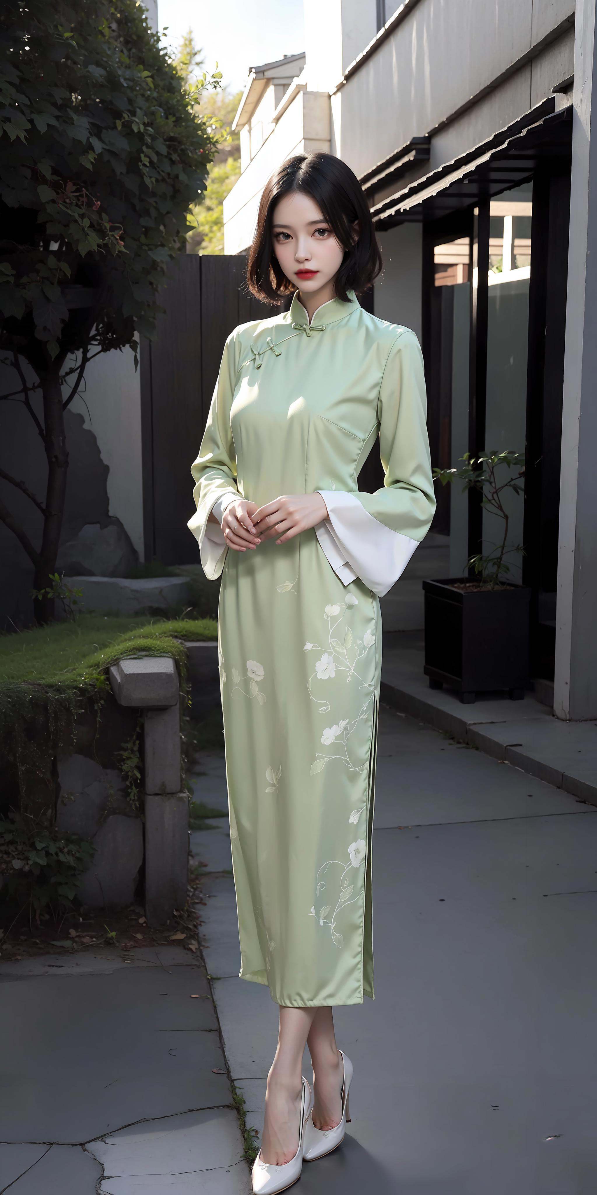 (light green long sleeves printed china dress),  1 girl,  full body on Tensor.Art