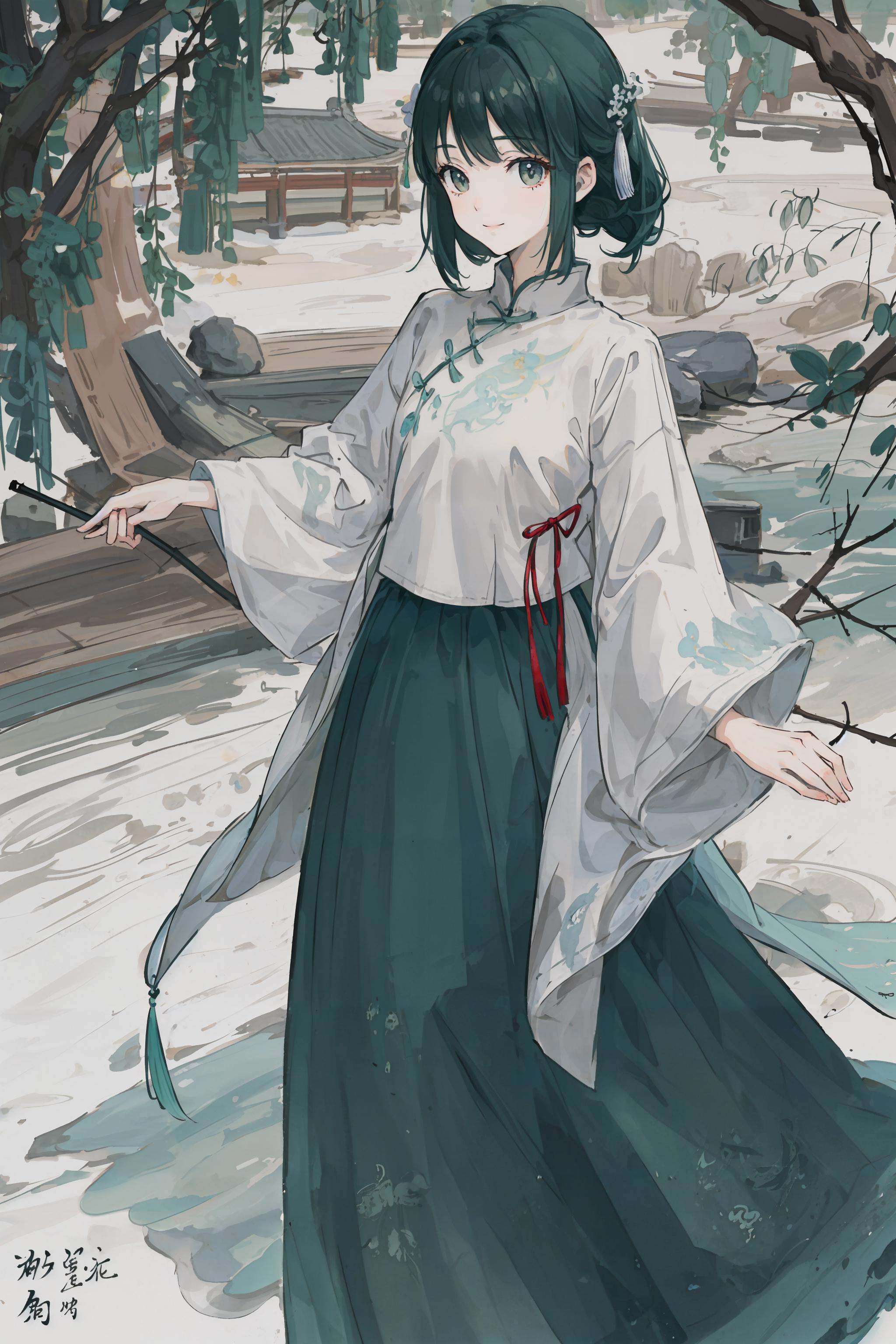 (white printed chinese upshirt),  (green long skirt),  upper body on Tensor.Art