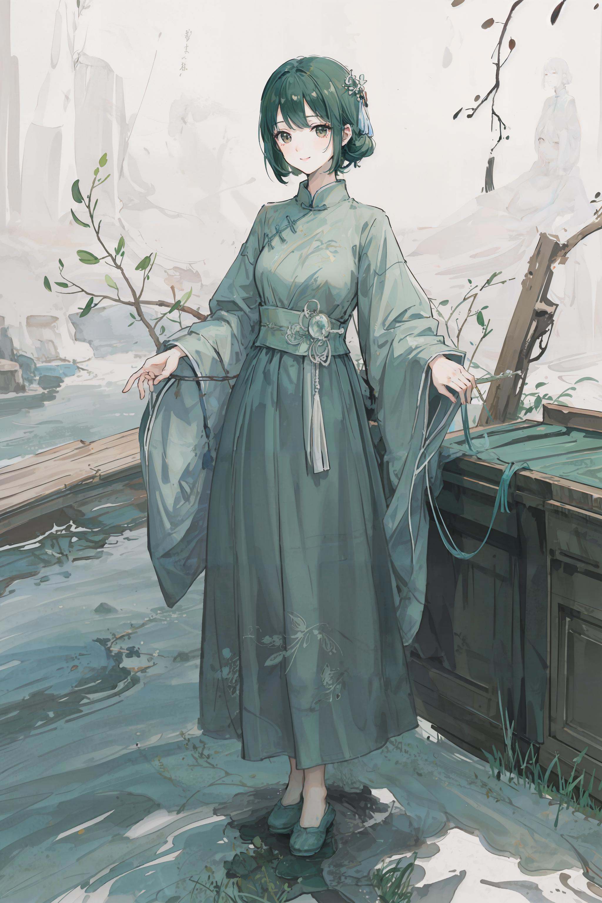 (green printed chinese upshirt),  (white long skirt),  upper body on Tensor.Art
