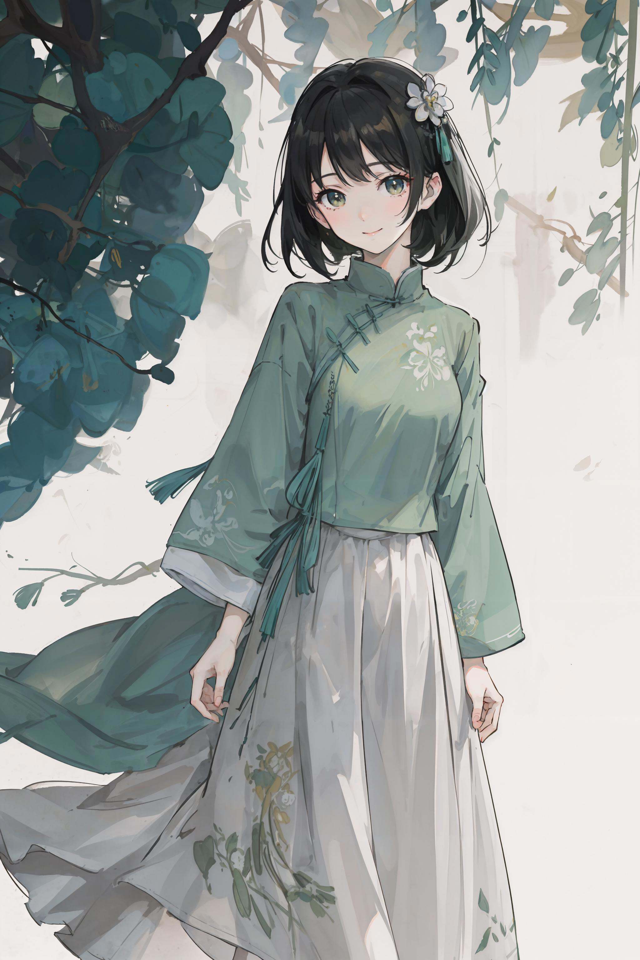 (green printed chinese upshirt),  (white long skirt),  upper body on Tensor.Art
