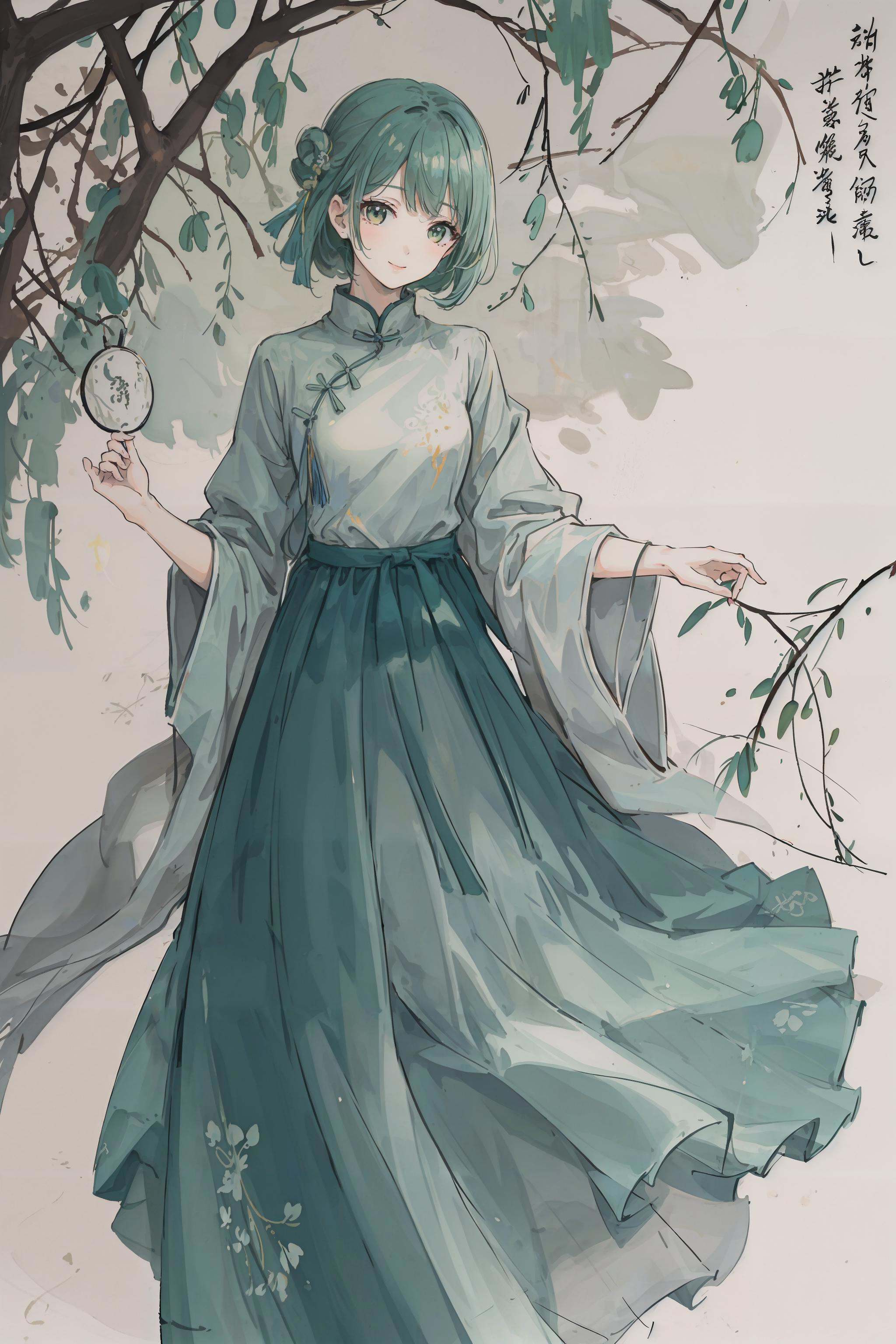 (white printed chinese upshirt),  (green long skirt),  upper body on Tensor.Art