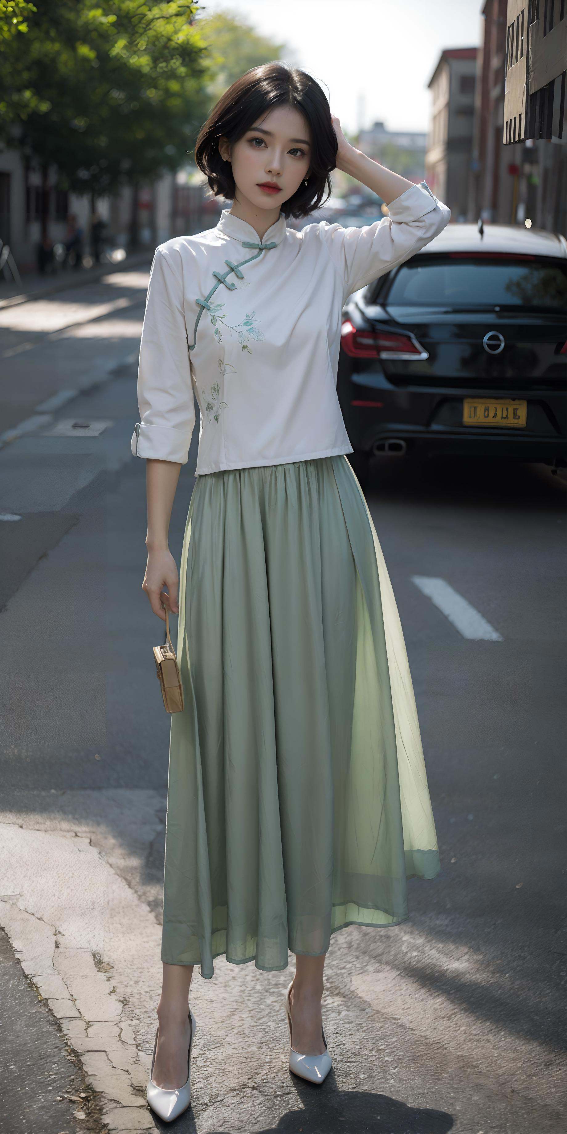 (green printed chinese upshirt),  (white long skirt),  1 girl on Tensor.Art