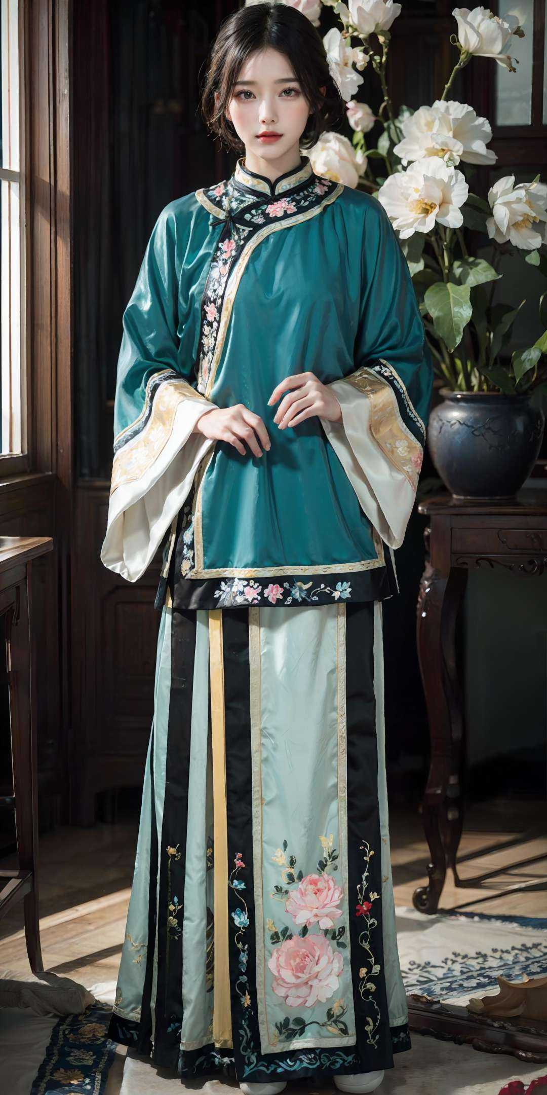 (pink/yellow/green/blue/red/white chinese clothes),  (floral print),  (pink/yellow/green/blue/red/white/black long skirt)...