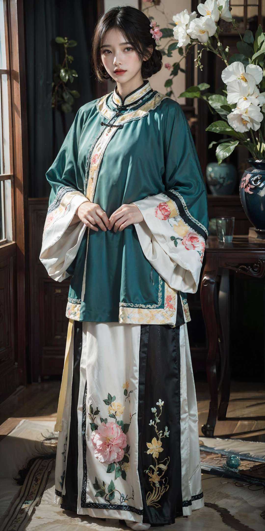 (pink/yellow/green/blue/red/white chinese clothes),  (floral print),  (pink/yellow/green/blue/red/white/black long skirt)...