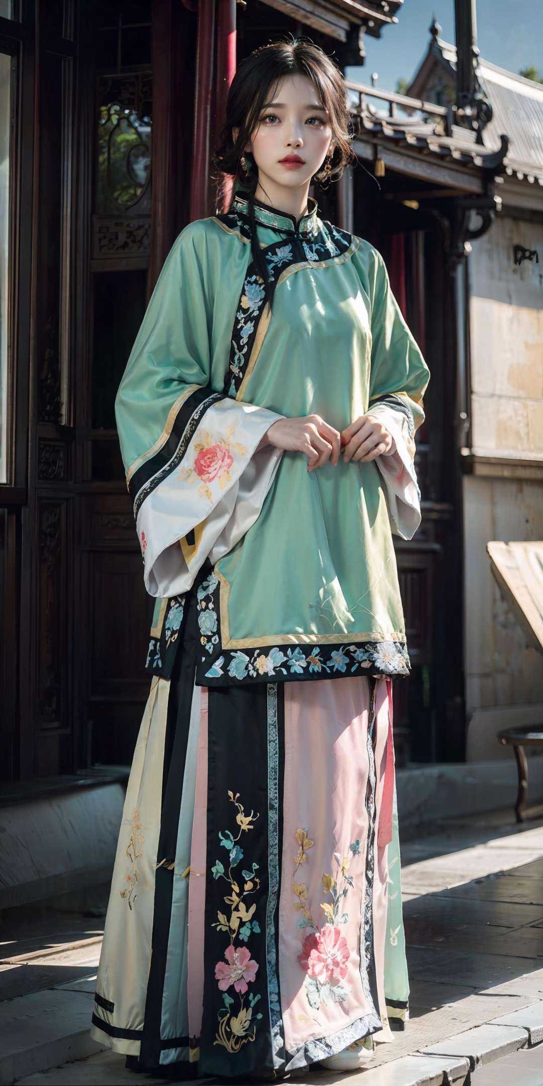 (pink/yellow/green/blue/red/white chinese clothes),  (floral print),  (pink/yellow/green/blue/red/white/black long skirt)...