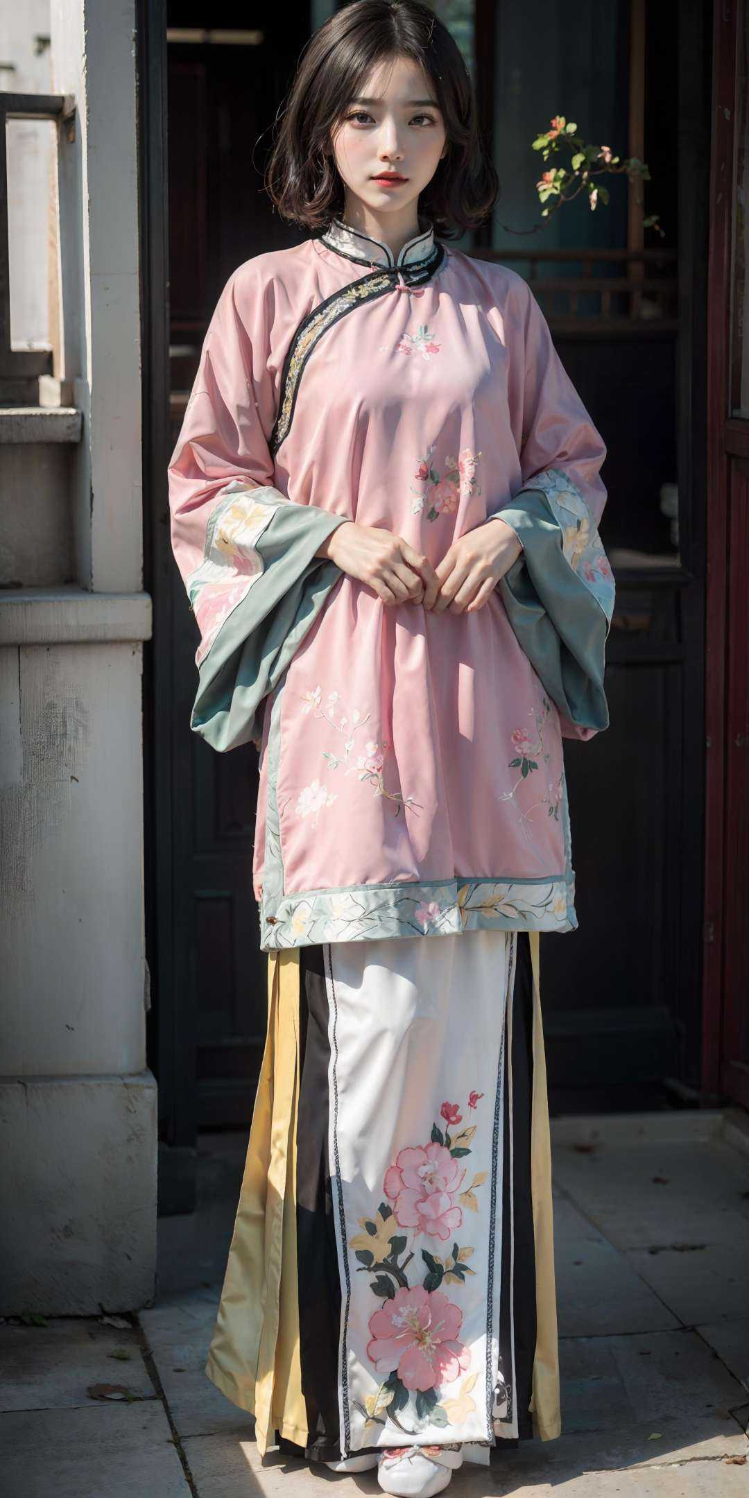 (pink/yellow/green/blue/red/white chinese clothes),  (floral print),  (pink/yellow/green/blue/red/white/black long skirt)...