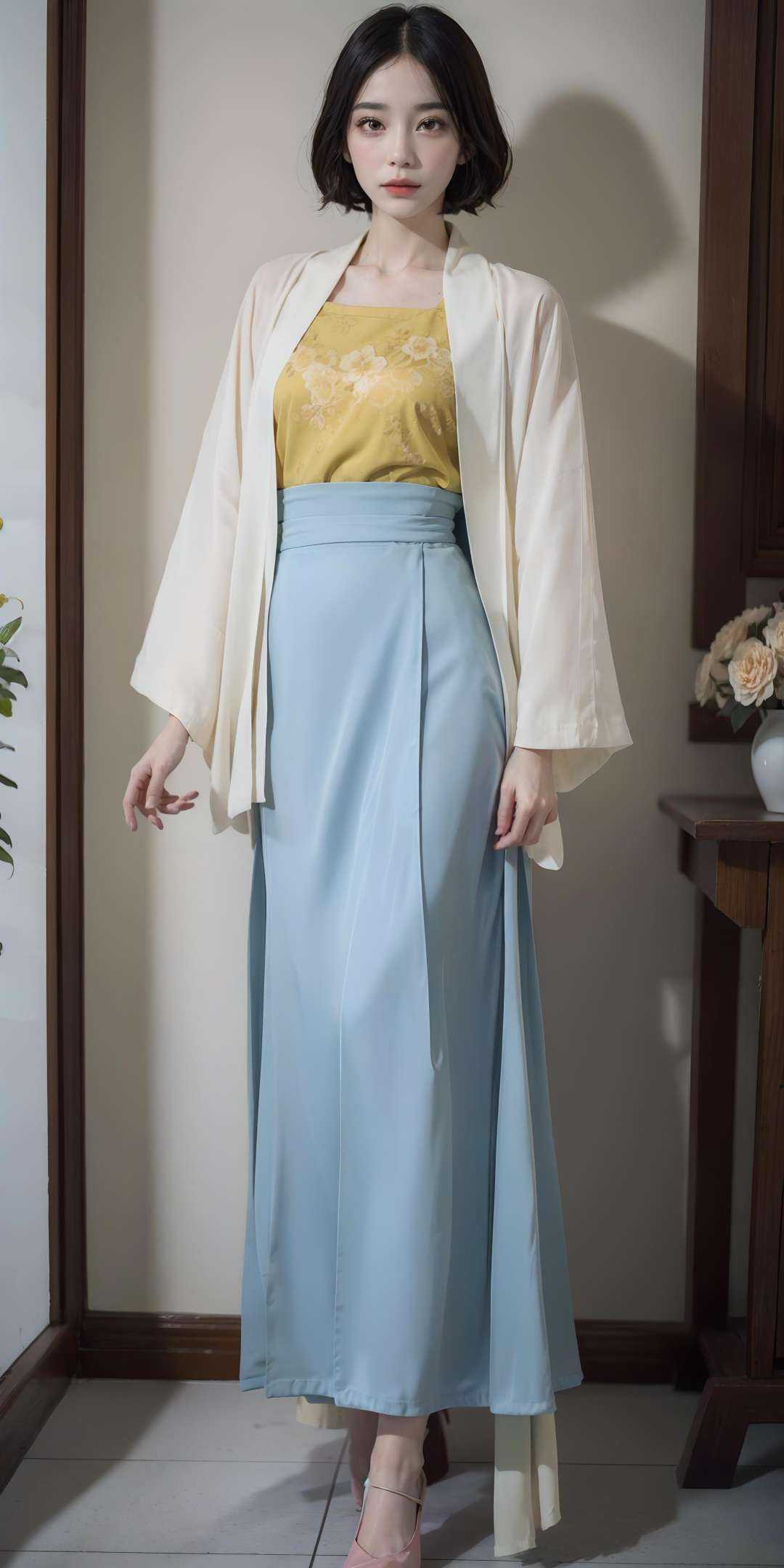 <lora:Song_HanFu:0.7>,(hanfu),(floral print),(pink/yellow/green/blue/red/white/black shirt), (pink/yellow/green/blue/red/white/black long skirt),(long sleeves),1 girl,full body,(short hair:1.1), (realistic:1.7),((best quality)),absurdres,(ultra high res),(photorealistic:1.6),photorealistic,octane render,(hyperrealistic:1.2), (photorealistic face:1.2), (8k), (4k), (Masterpiece),(realistic skin texture), (illustration, cinematic lighting,wallpaper),( beautiful eyes:1.2),((((perfect face)))),(cute),(standing),(black hair),black eyes,red lips, indoors, chinese ornaments, wooden chinese table, window, flowers, <lora:JapaneseDollLikeness_v15:0.4>