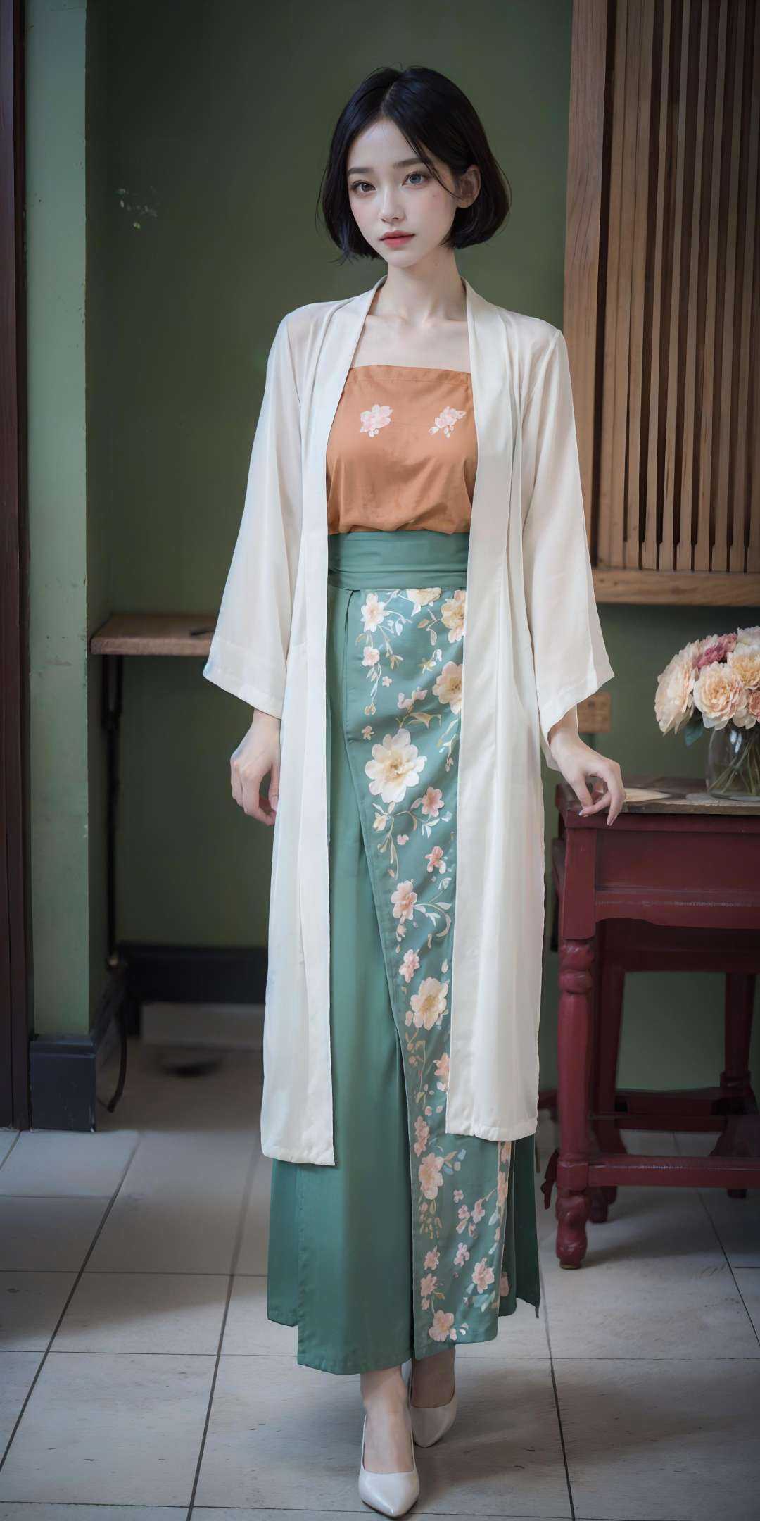 <lora:Song_HanFu:0.7>,(hanfu),(floral print:1.3),(pink/yellow/green/blue/red/white/black shirt), (pink/yellow/green/blue/red/white/black long skirt),(long sleeves),1 girl,full body,(short hair:1.1), (realistic:1.7),((best quality)),absurdres,(ultra high res),(photorealistic:1.6),photorealistic,octane render,(hyperrealistic:1.2), (photorealistic face:1.2), (8k), (4k), (Masterpiece),(realistic skin texture), (illustration, cinematic lighting,wallpaper),( beautiful eyes:1.2),((((perfect face)))),(cute),(standing),(black hair),black eyes,red lips, indoors, chinese ornaments, wooden chinese table, window, flowers, <lora:JapaneseDollLikeness_v15:0.4>