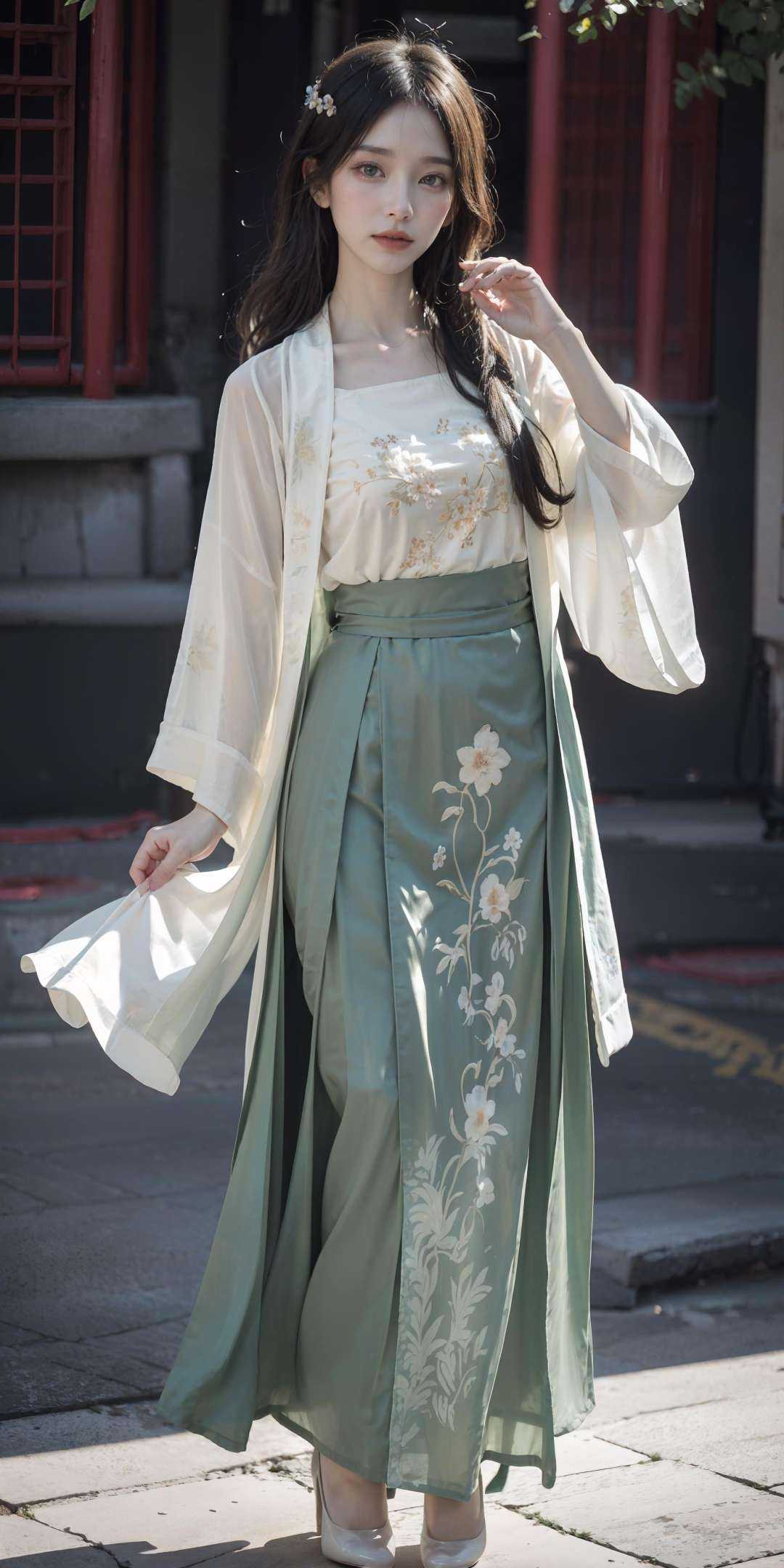 <lora:Song_HanFu:0.7>,(hanfu),(floral print:1.3),(black see-through shirt:1.2),(green see-through print long skirt),(long sleeves),1 girl,full body,(long hair:1.1), (realistic:1.7),((best quality)),absurdres,(ultra high res),(photorealistic:1.6),photorealistic,octane render,(hyperrealistic:1.2), (photorealistic face:1.2), (8k), (4k), (Masterpiece),(realistic skin texture), (illustration, cinematic lighting,wallpaper),( beautiful eyes:1.2),((((perfect face)))),(cute),(standing),(black hair),black eyes,red lips, outdoors, (chinese style buildings), <lora:JapaneseDollLikeness_v15:0.4>,