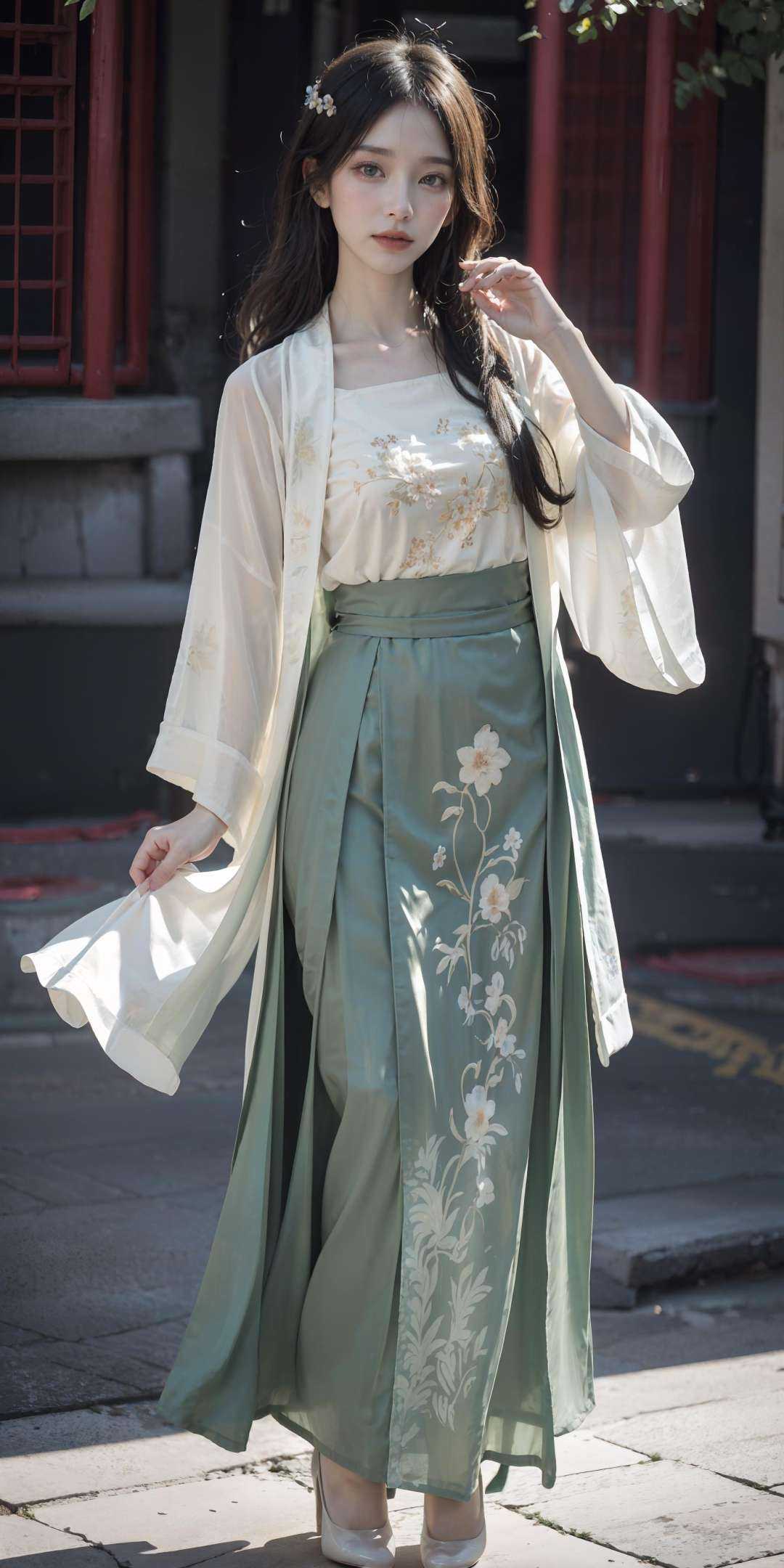 (hanfu),  (green see-through print long skirt),  (long sleeves) on Tensor.Art