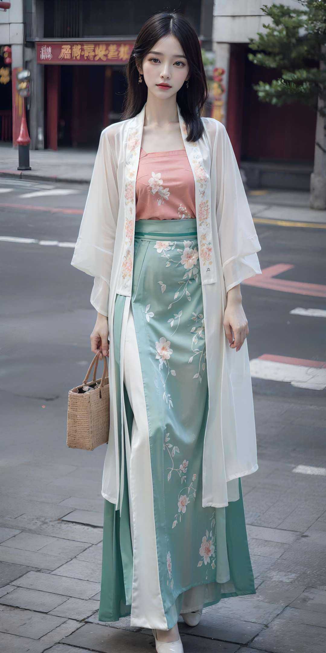 (hanfu),  (pink see-through shirt),  (green see-through print long skirt) on Tensor.Art
