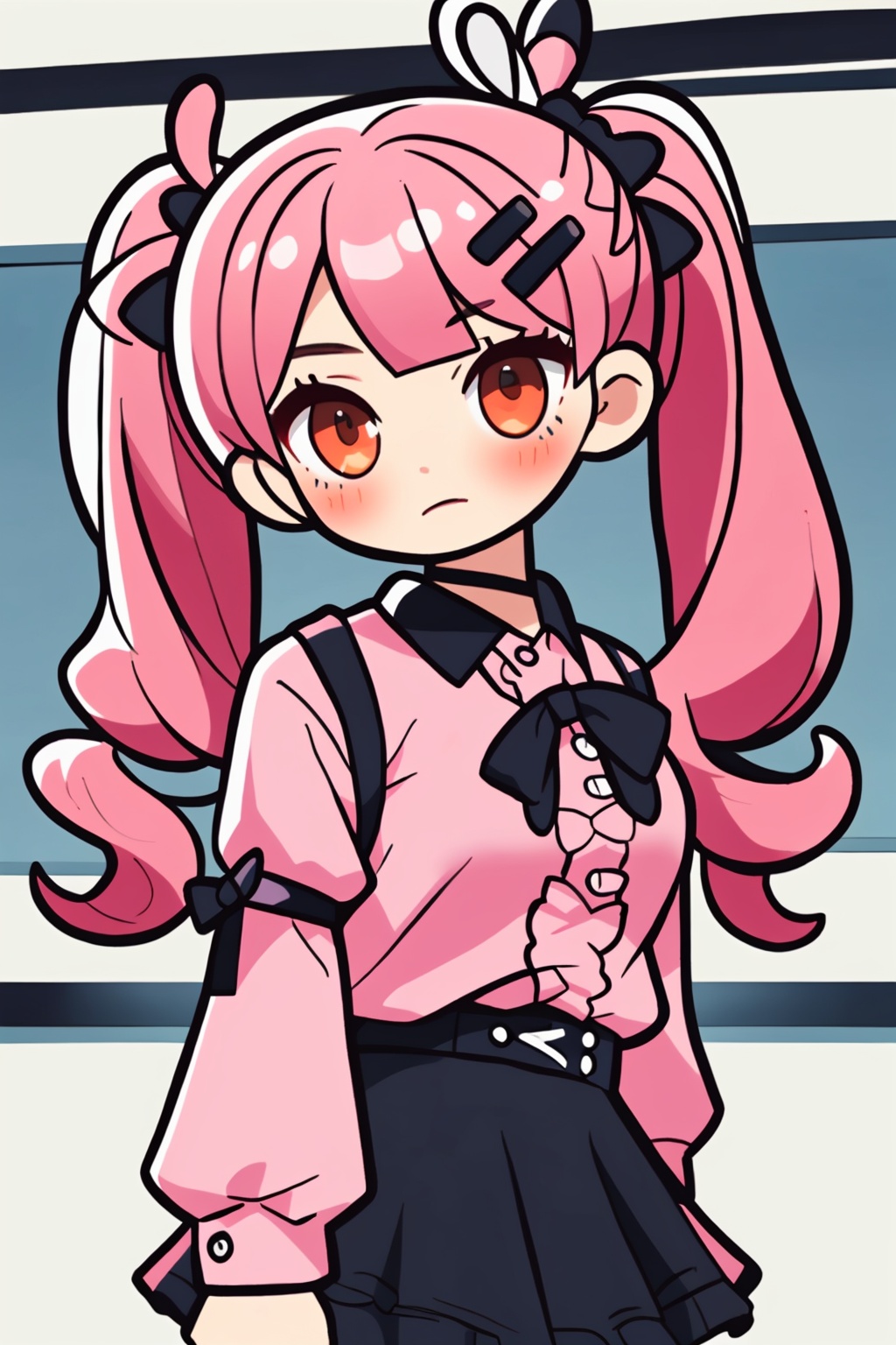 1girl, twintails, jirai fashion, hair ornament, pink shirt, black skirt, frill