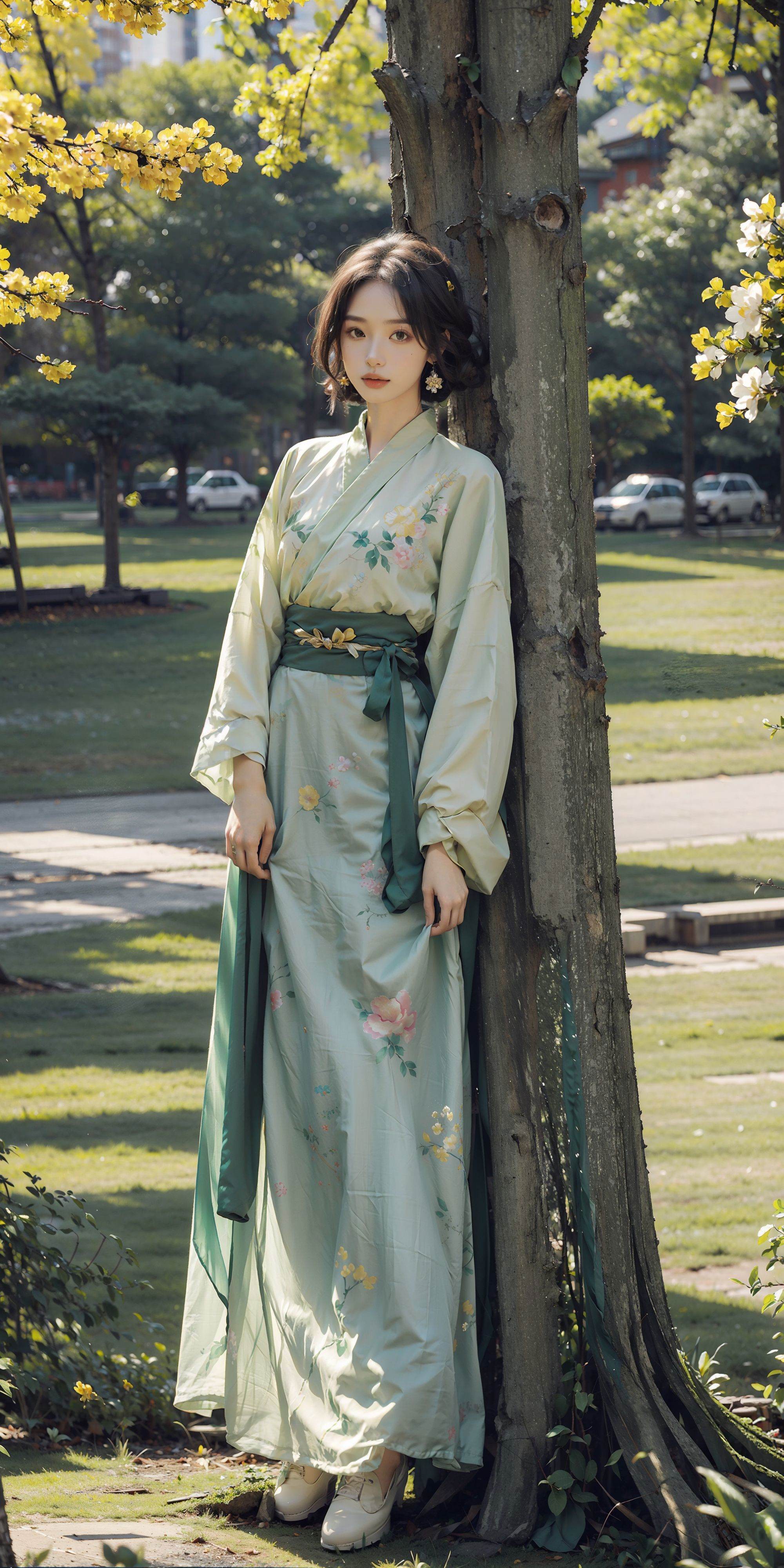 1girl,  floral print,  (yellow print chinese shirt) on Tensor.Art