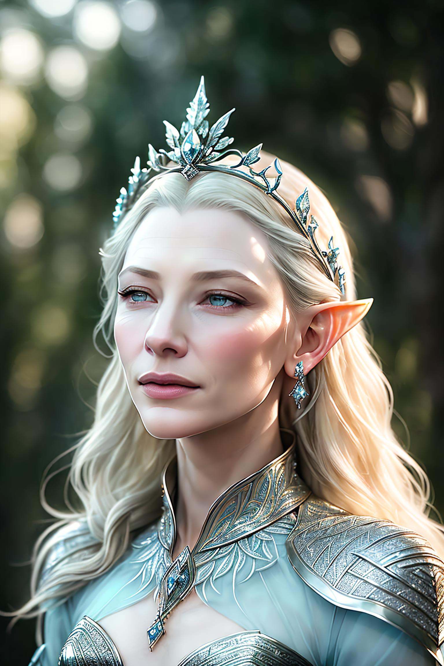 as Galadriel from LOTR in forest,  (pointed elf ears),  ((light blue eyes)) on Tensor.Art
