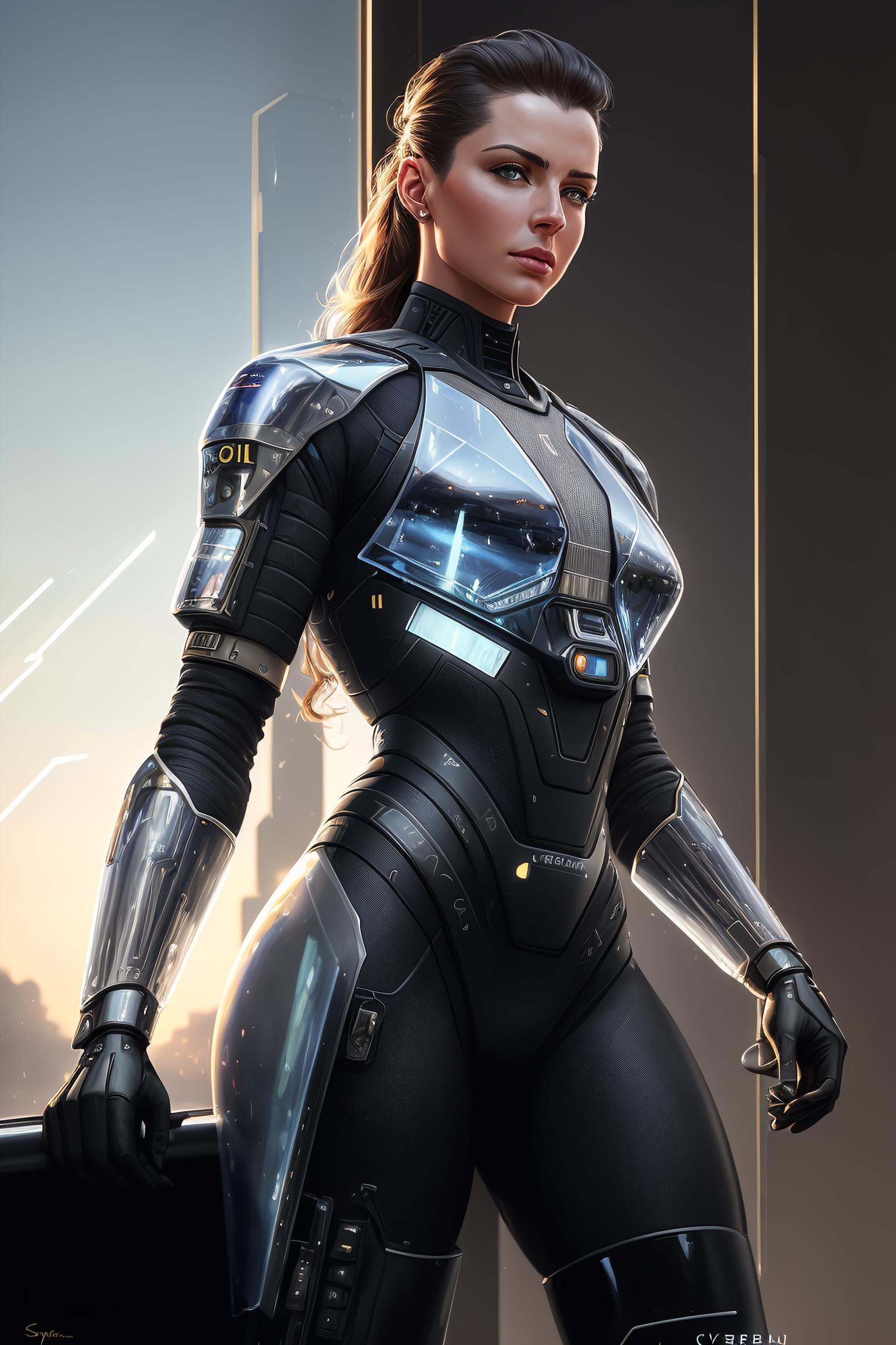((oil painting)) of ((attractive female modern military with with cybernetic limbs part cyborg on patrol)),  cinematic,  d...