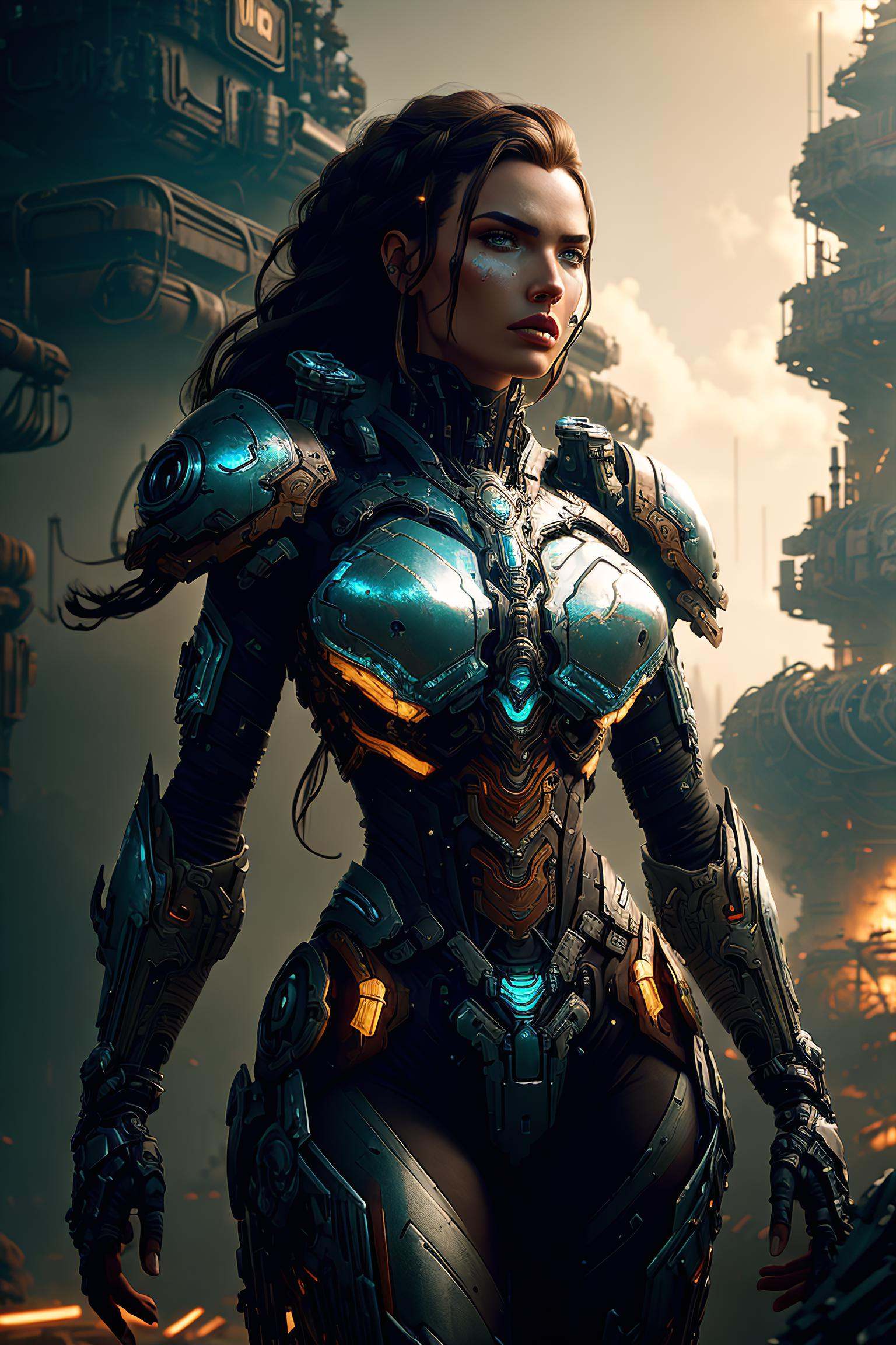 a beautiful woman cyborg warrior in the Style-RustMagic,  cyberpunk augmentation,  cyberware on Tensor.Art
