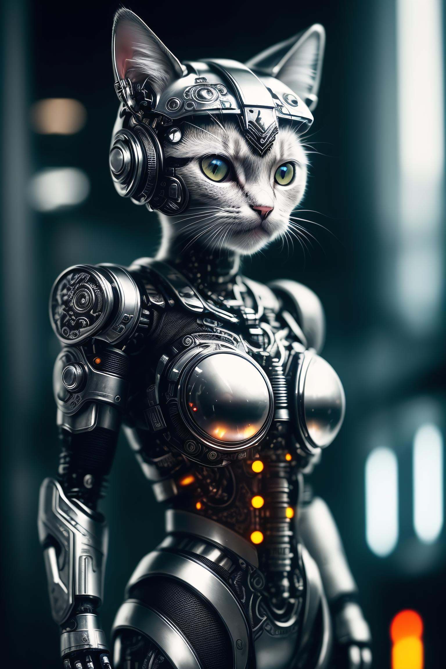 a cute kitten made out of metal,  cyborg,  cyberpunk style on Tensor.Art