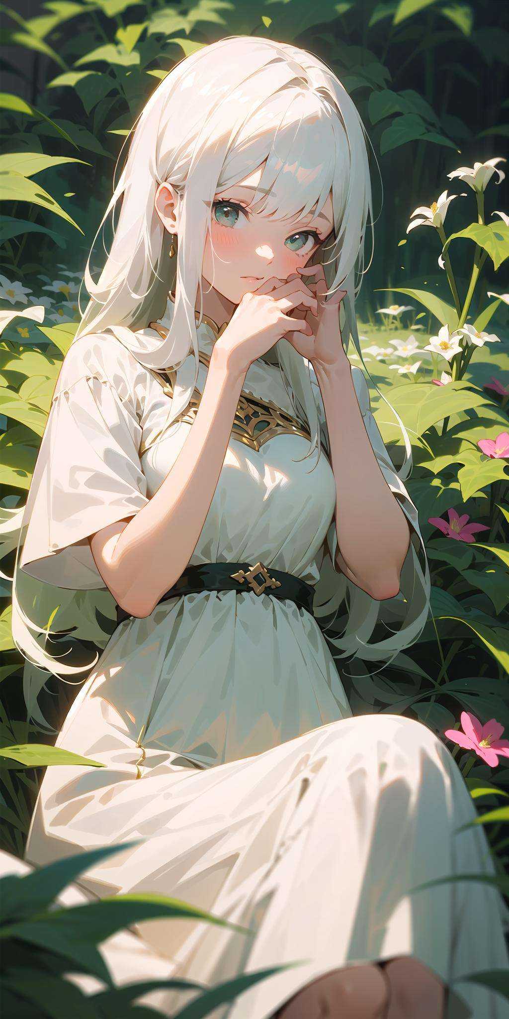 (masterpiece, best quality),1girl with long white hair sitting in a field of green plants and flowers, her hand under her chin, warm lighting, white dress, blurry foreground