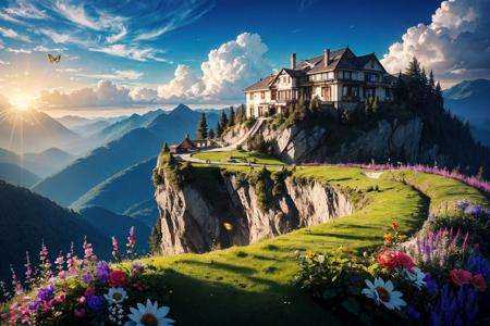 a villa on a high mountain cliff,  shell element,  crazy curve on Tensor.Art